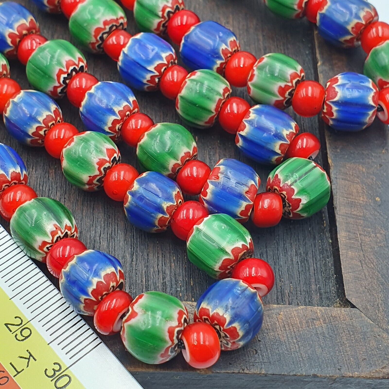 Whispers of History Vintage Venetian Style Blue and Green Chevron Beads Necklace