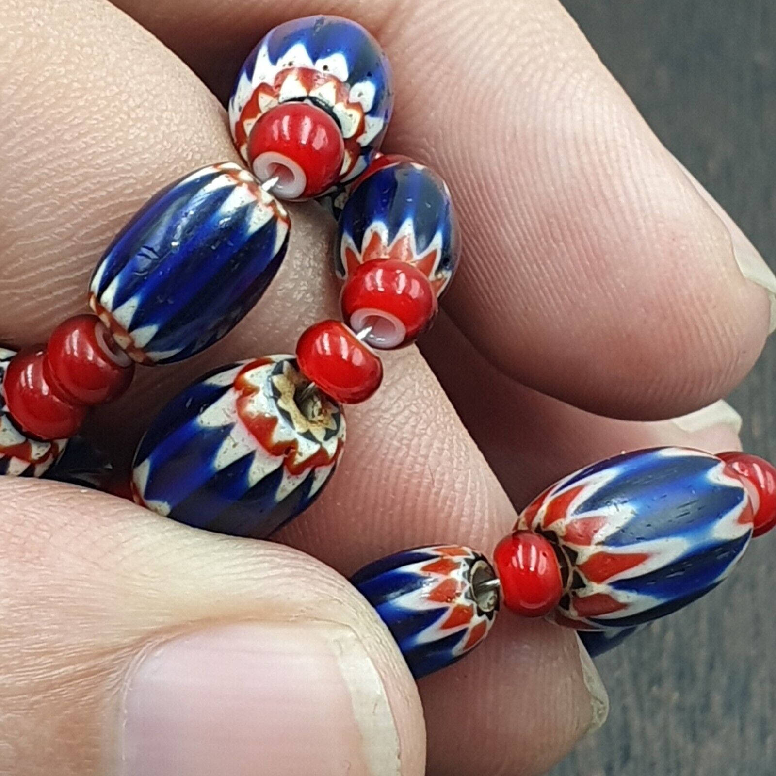 Mystique of Antiquity Vintage Venetian White Heart Blue Chevron Beads Necklace