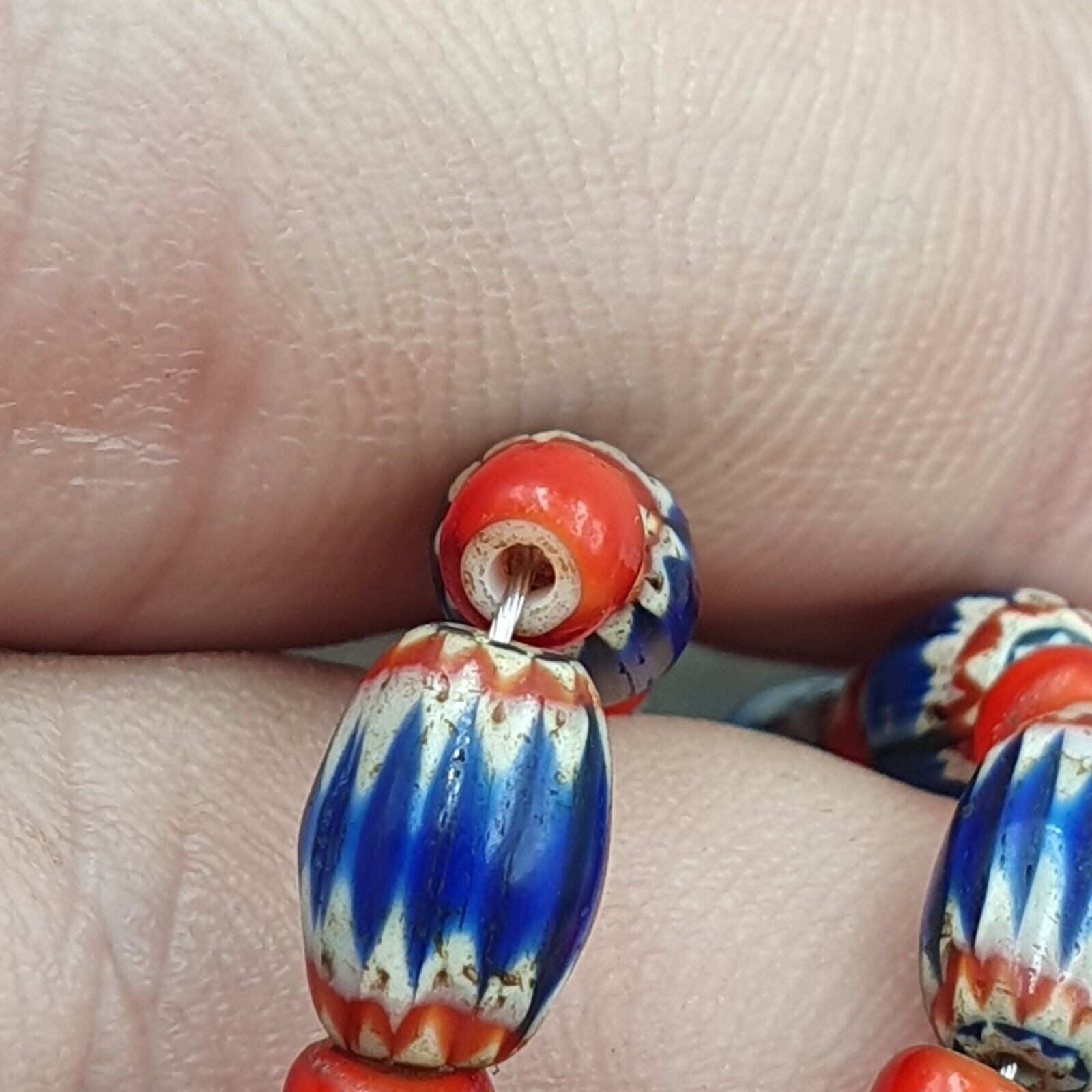 Beads of Antiquity Vintage Venetian White Heart and Blue Chevron Beads Necklace