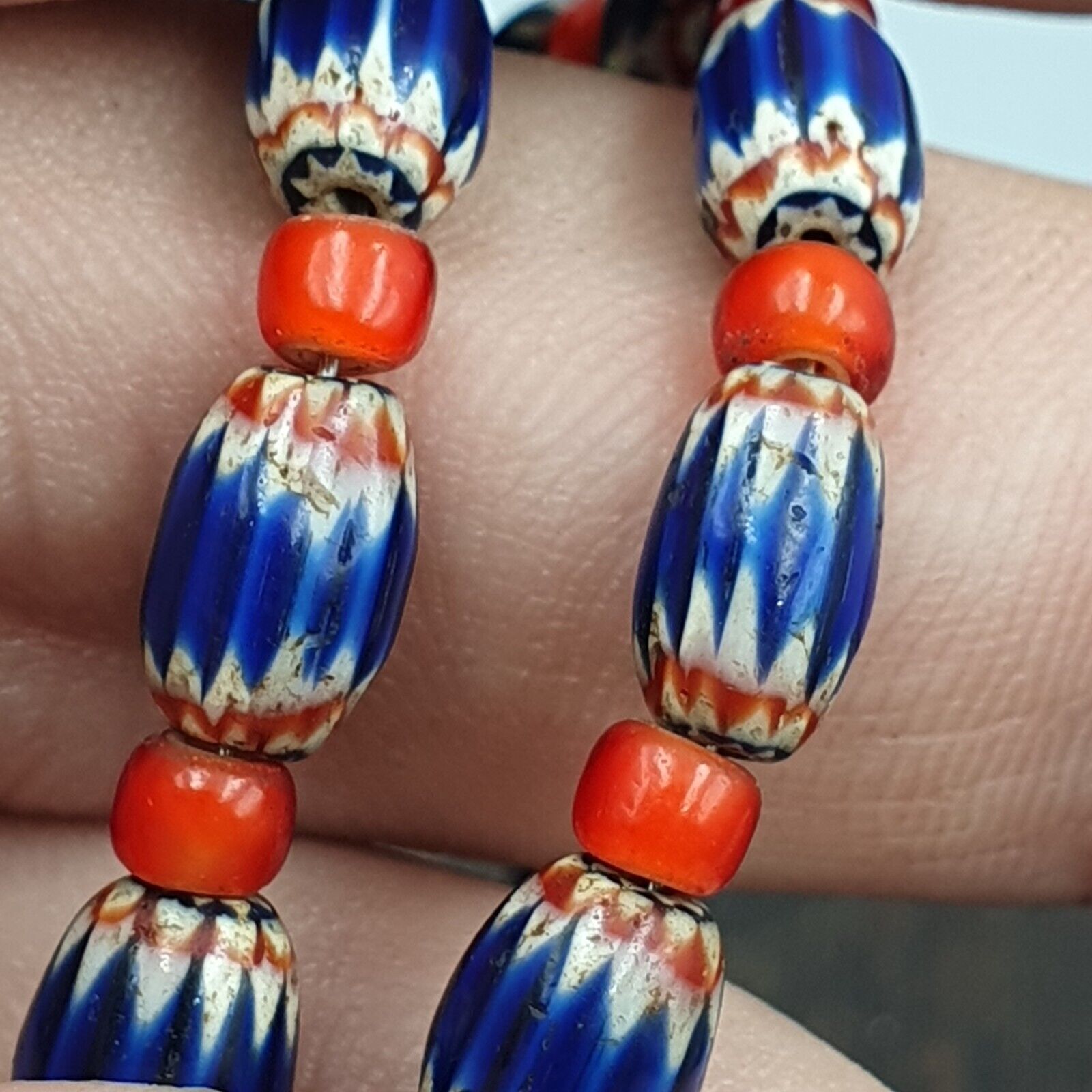 Beads of Antiquity Vintage Venetian White Heart and Blue Chevron Beads Necklace