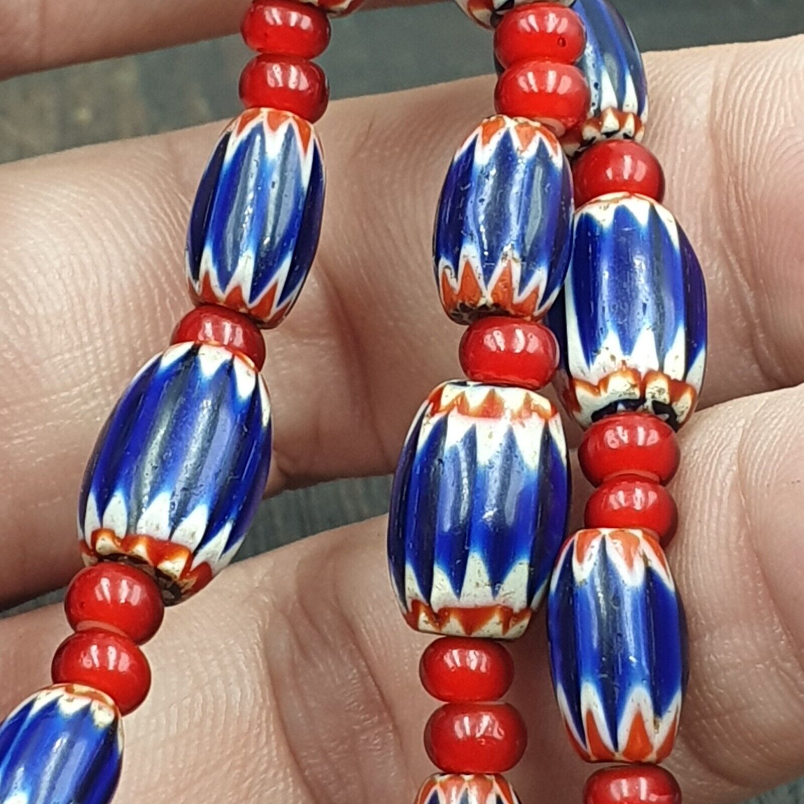 Mystique of Antiquity Vintage Venetian White Heart Blue Chevron Beads Necklace