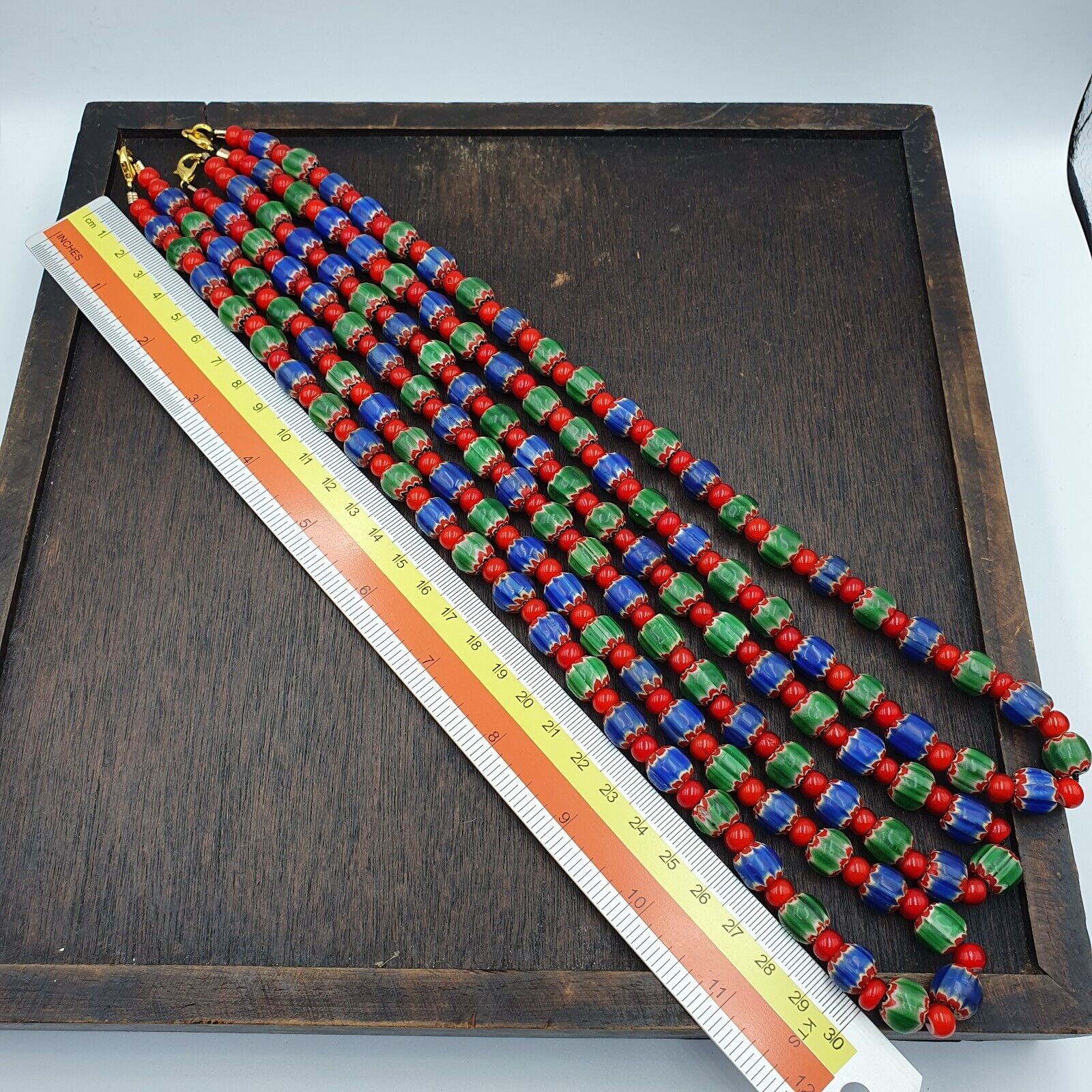 Whispers of History Vintage Venetian Style Blue and Green Chevron Beads Necklace