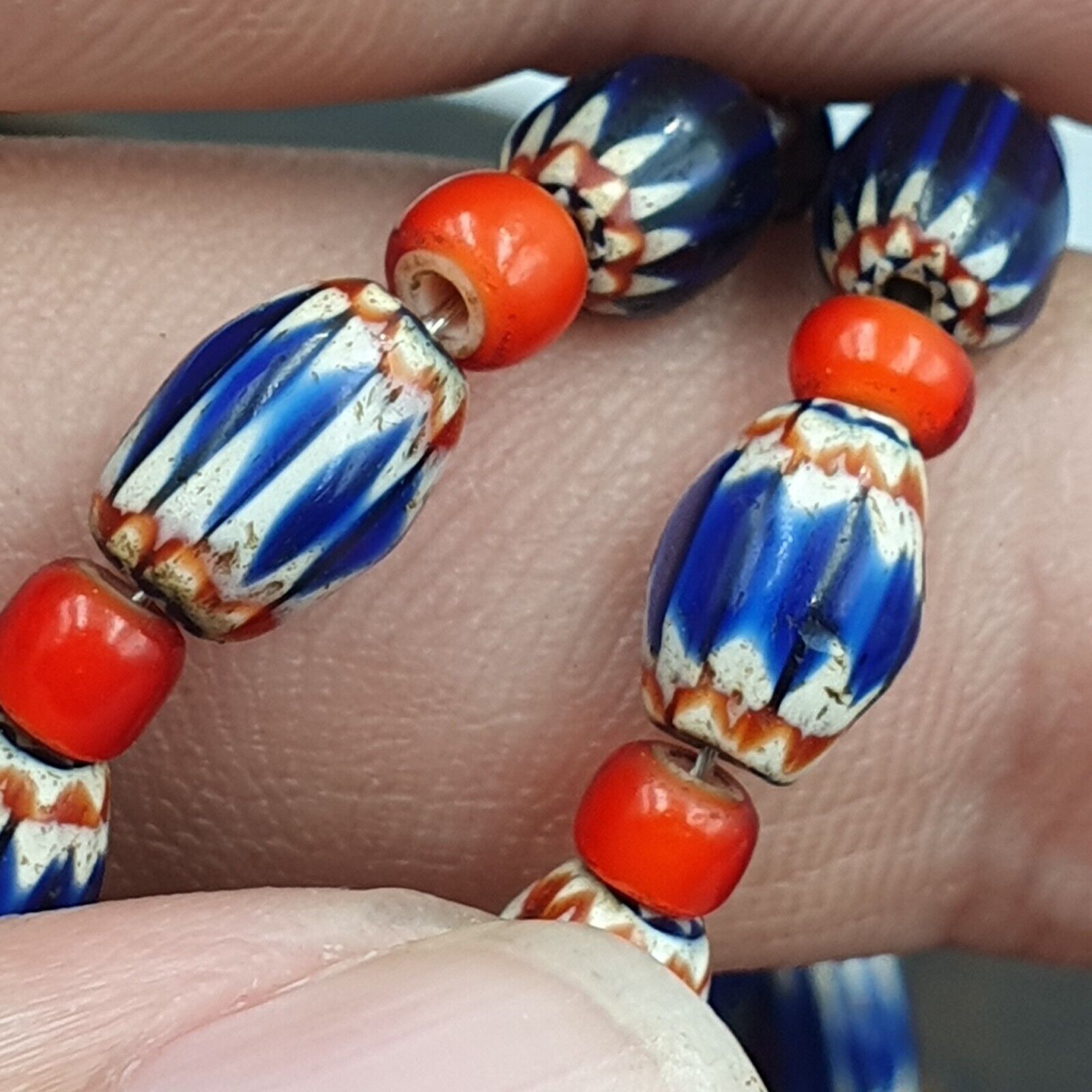 Beads of Antiquity Vintage Venetian White Heart and Blue Chevron Beads Necklace