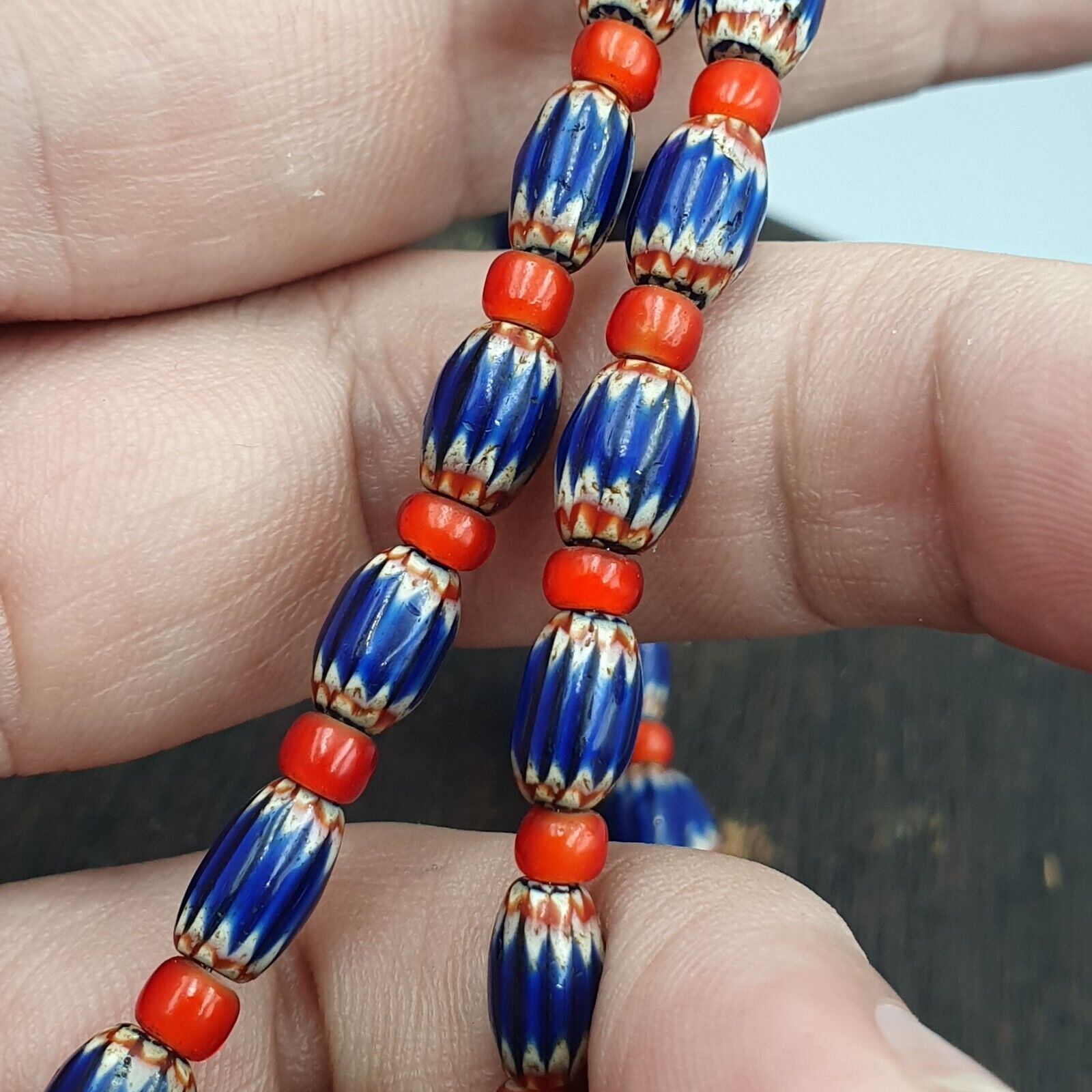 Beads of Antiquity Vintage Venetian White Heart and Blue Chevron Beads Necklace