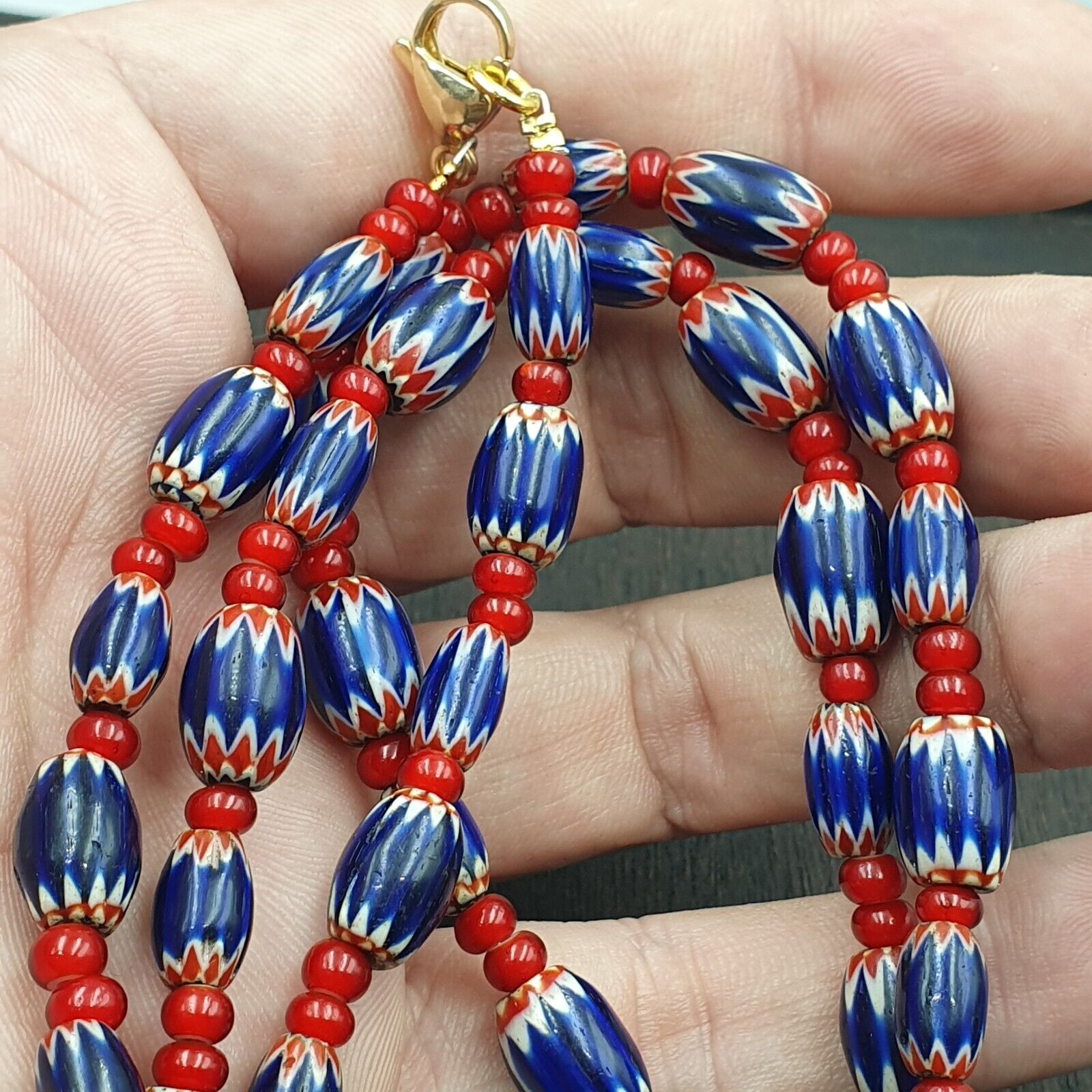 Mystique of Antiquity Vintage Venetian White Heart Blue Chevron Beads Necklace