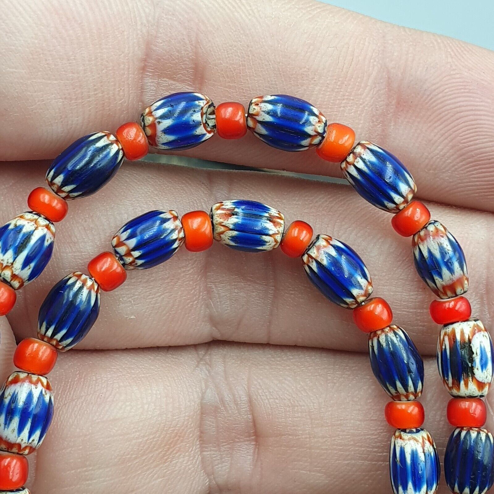Beads of Antiquity Vintage Venetian White Heart and Blue Chevron Beads Necklace