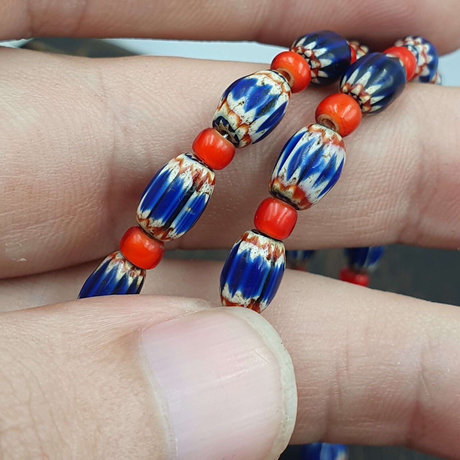 Beads of Antiquity Vintage Venetian White Heart and Blue Chevron Beads Necklace