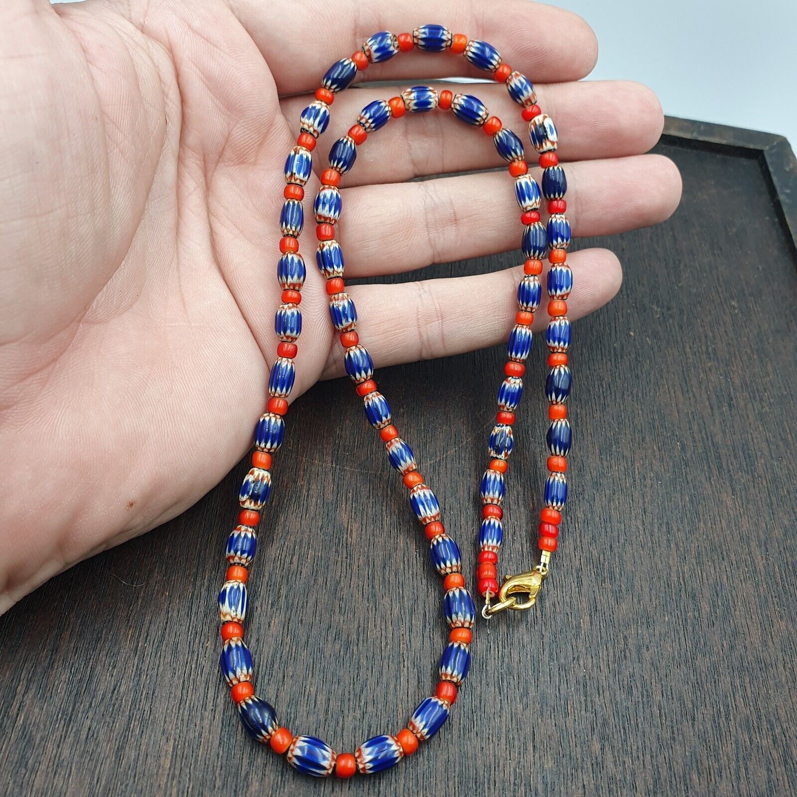Beads of Antiquity Vintage Venetian White Heart and Blue Chevron Beads Necklace