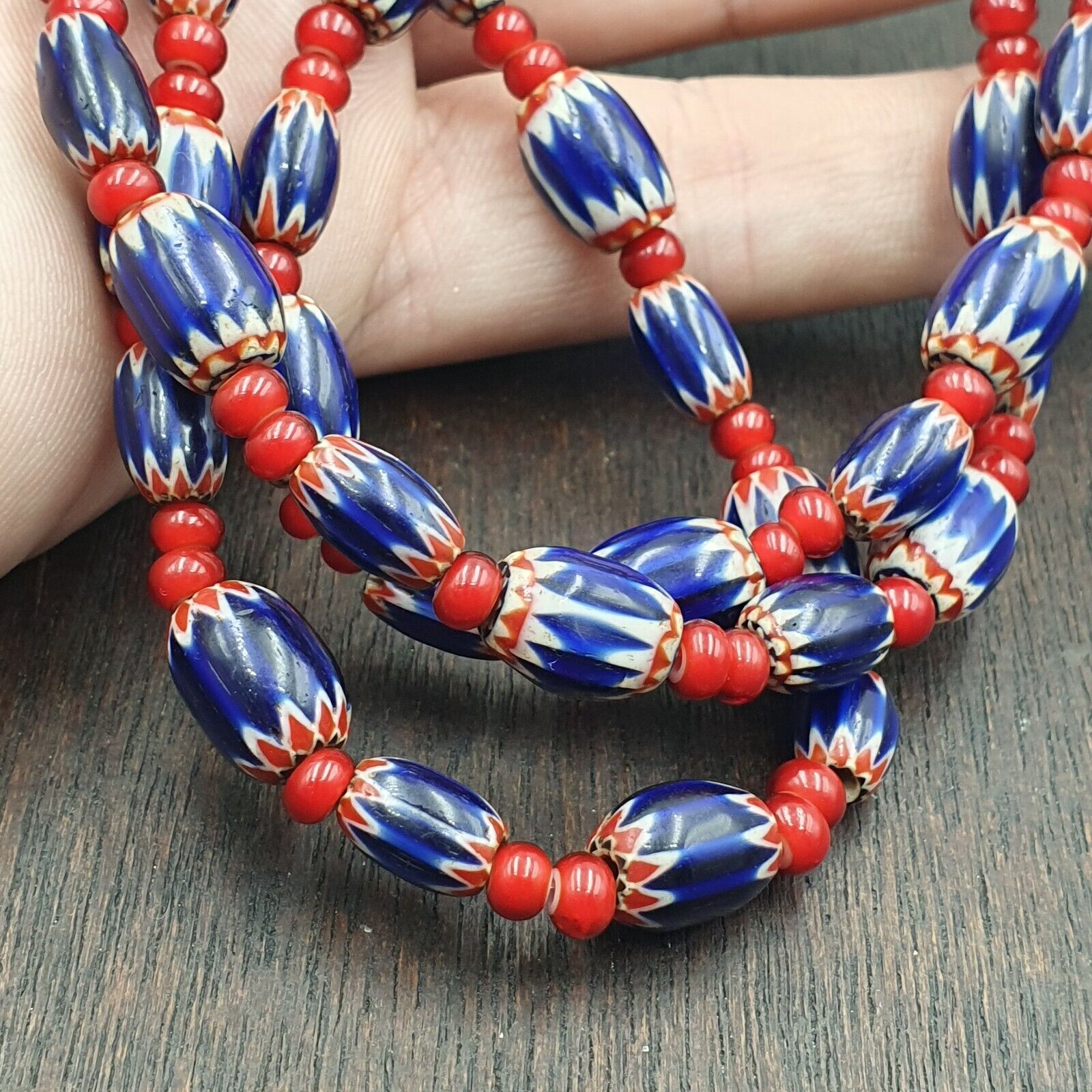 Mystique of Antiquity Vintage Venetian White Heart Blue Chevron Beads Necklace
