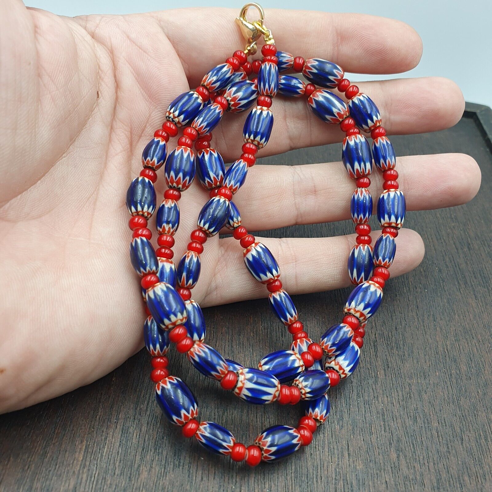 Mystique of Antiquity Vintage Venetian White Heart Blue Chevron Beads Necklace