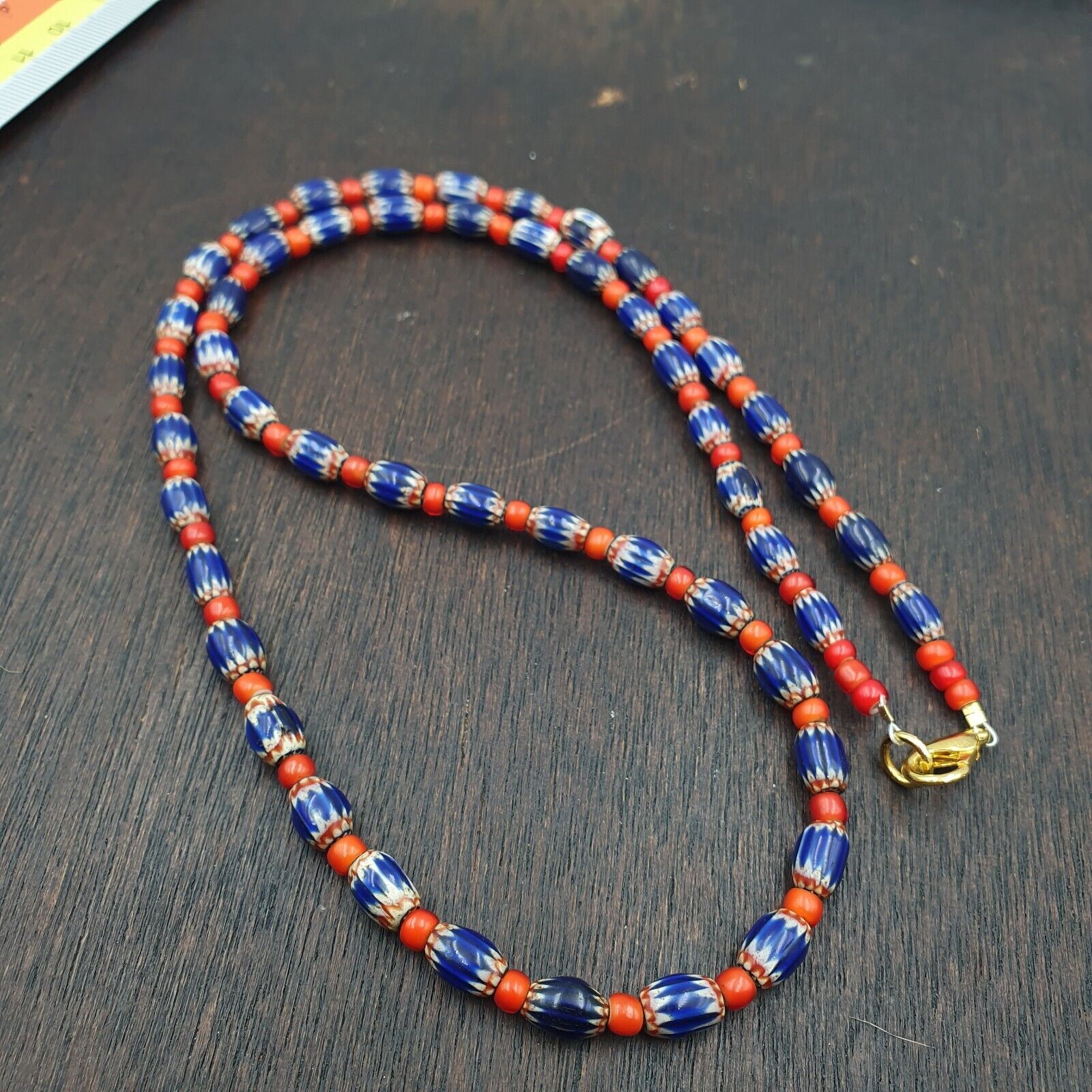 Beads of Antiquity Vintage Venetian White Heart and Blue Chevron Beads Necklace