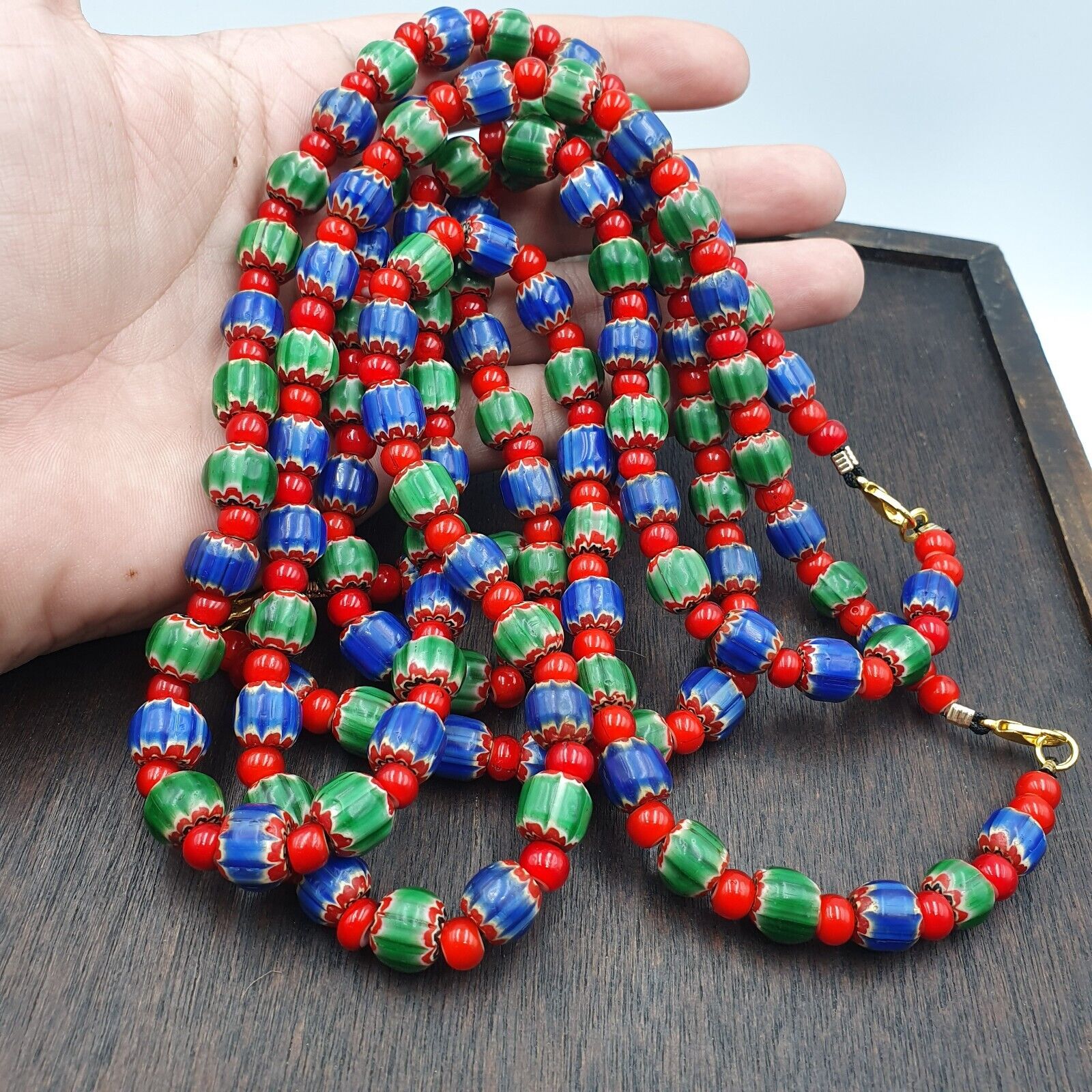 Whispers of History Vintage Venetian Style Blue and Green Chevron Beads Necklace