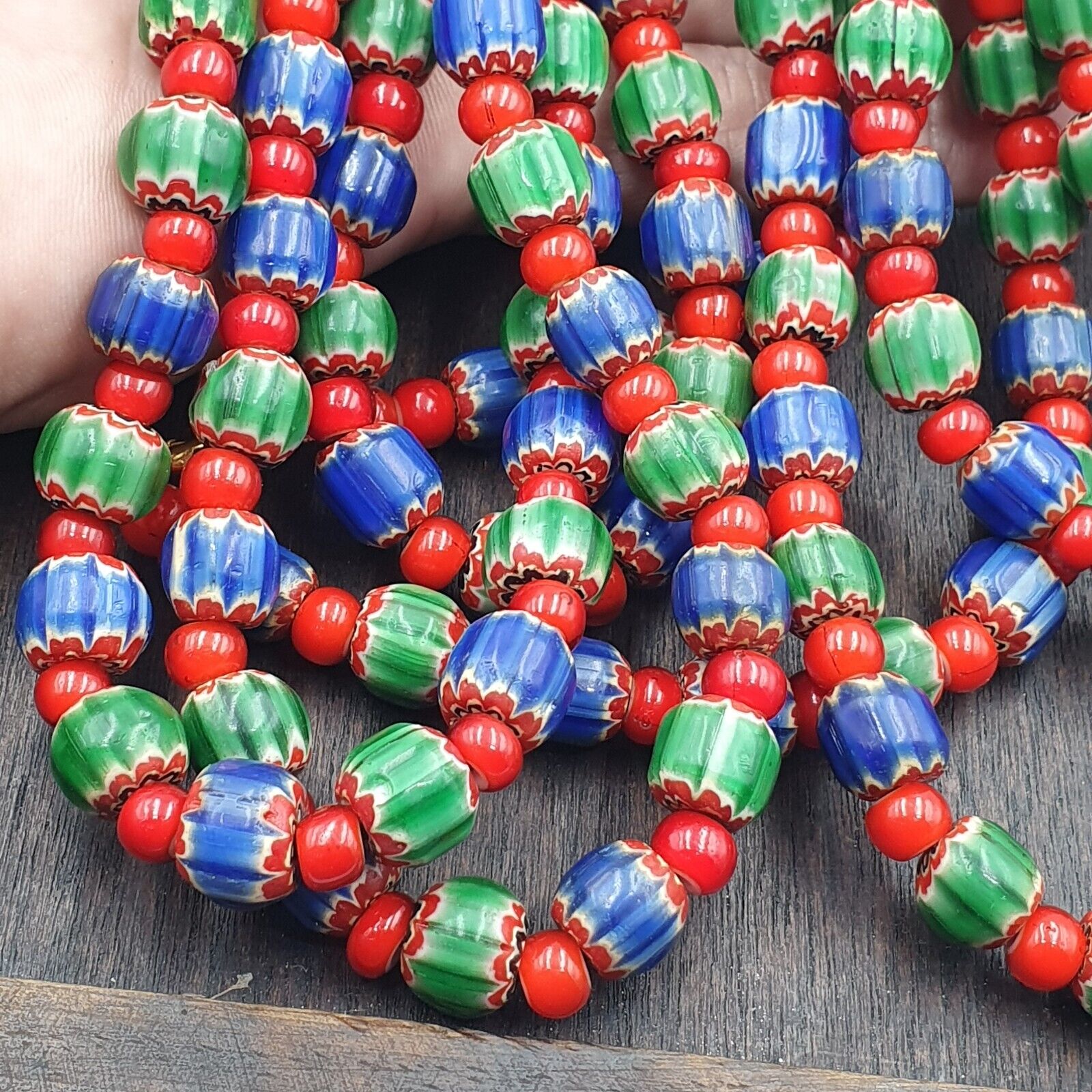 Whispers of History Vintage Venetian Style Blue and Green Chevron Beads Necklace