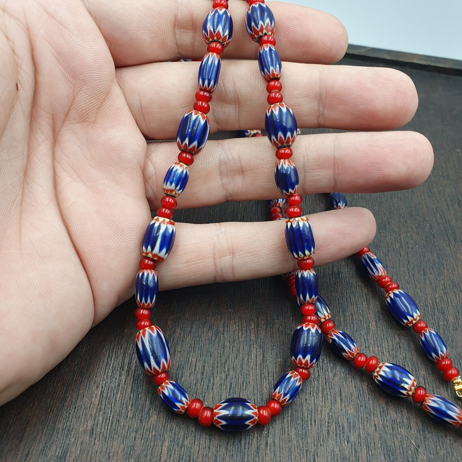 Mystique of Antiquity Vintage Venetian White Heart Blue Chevron Beads Necklace