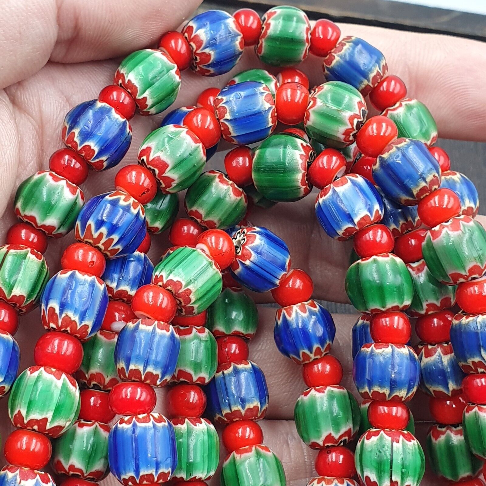 Whispers of History Vintage Venetian Style Blue and Green Chevron Beads Necklace