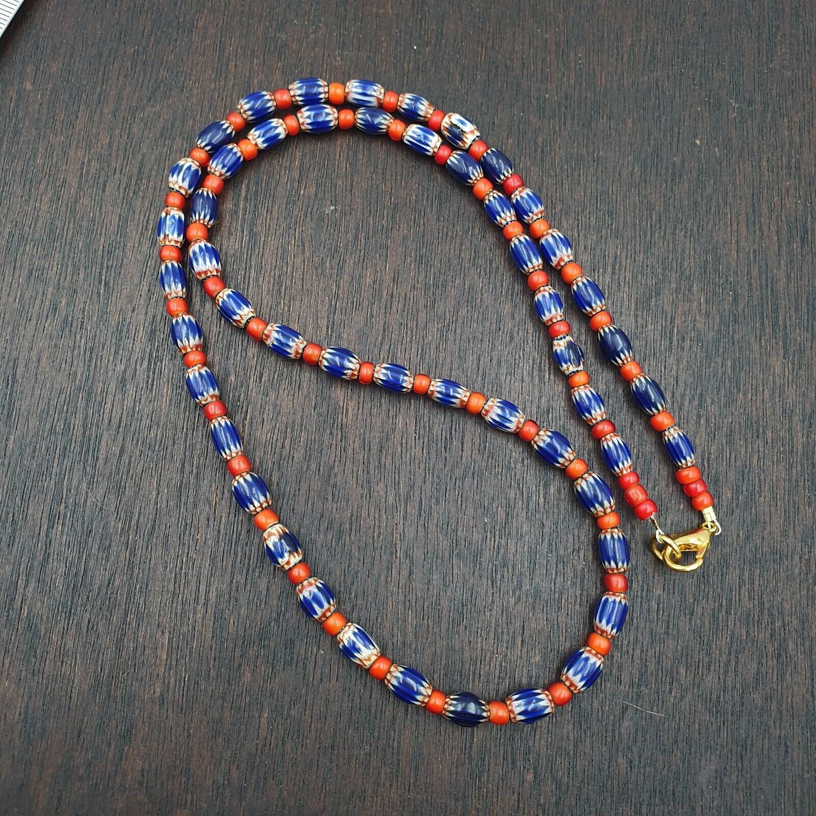 Beads of Antiquity Vintage Venetian White Heart and Blue Chevron Beads Necklace