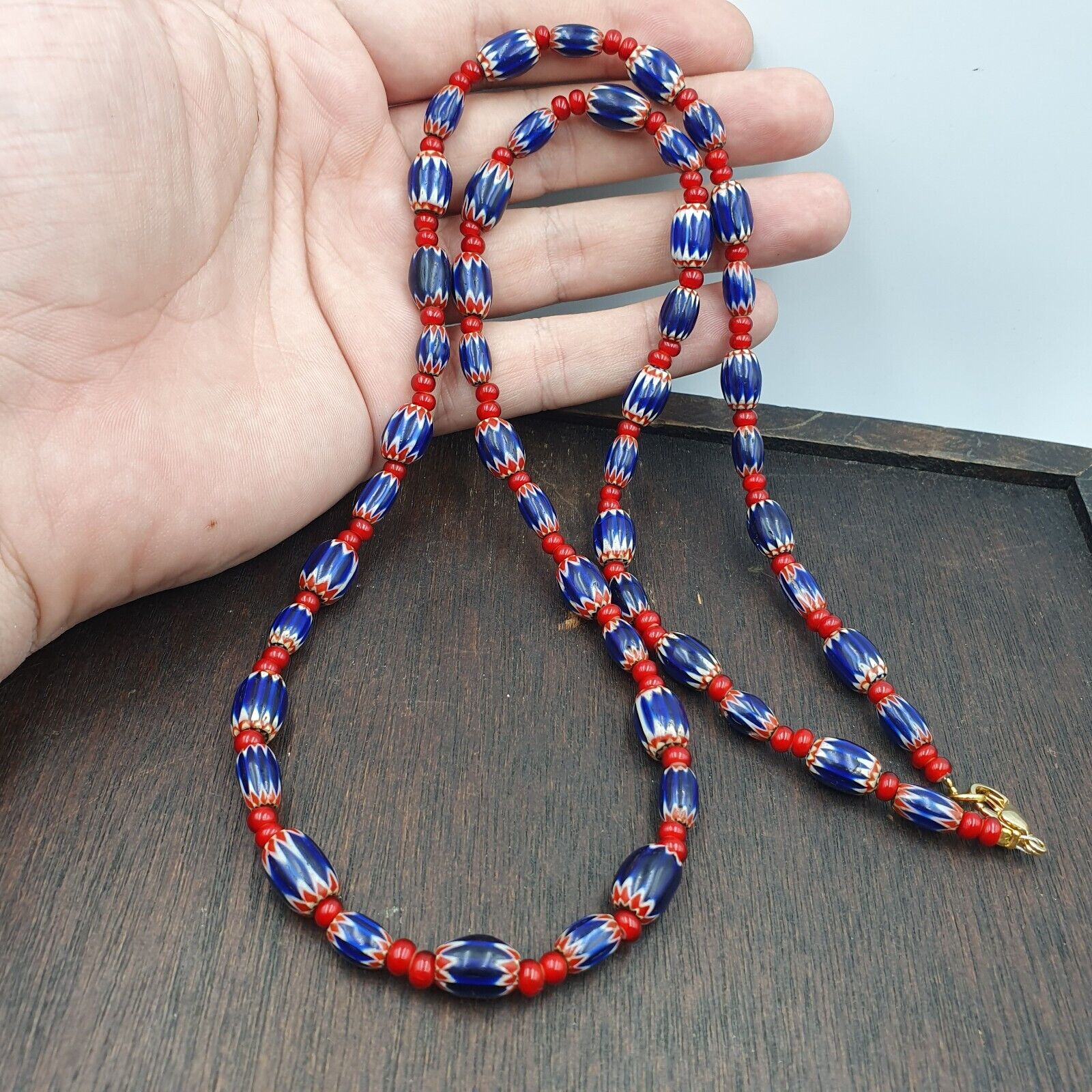 Mystique of Antiquity Vintage Venetian White Heart Blue Chevron Beads Necklace