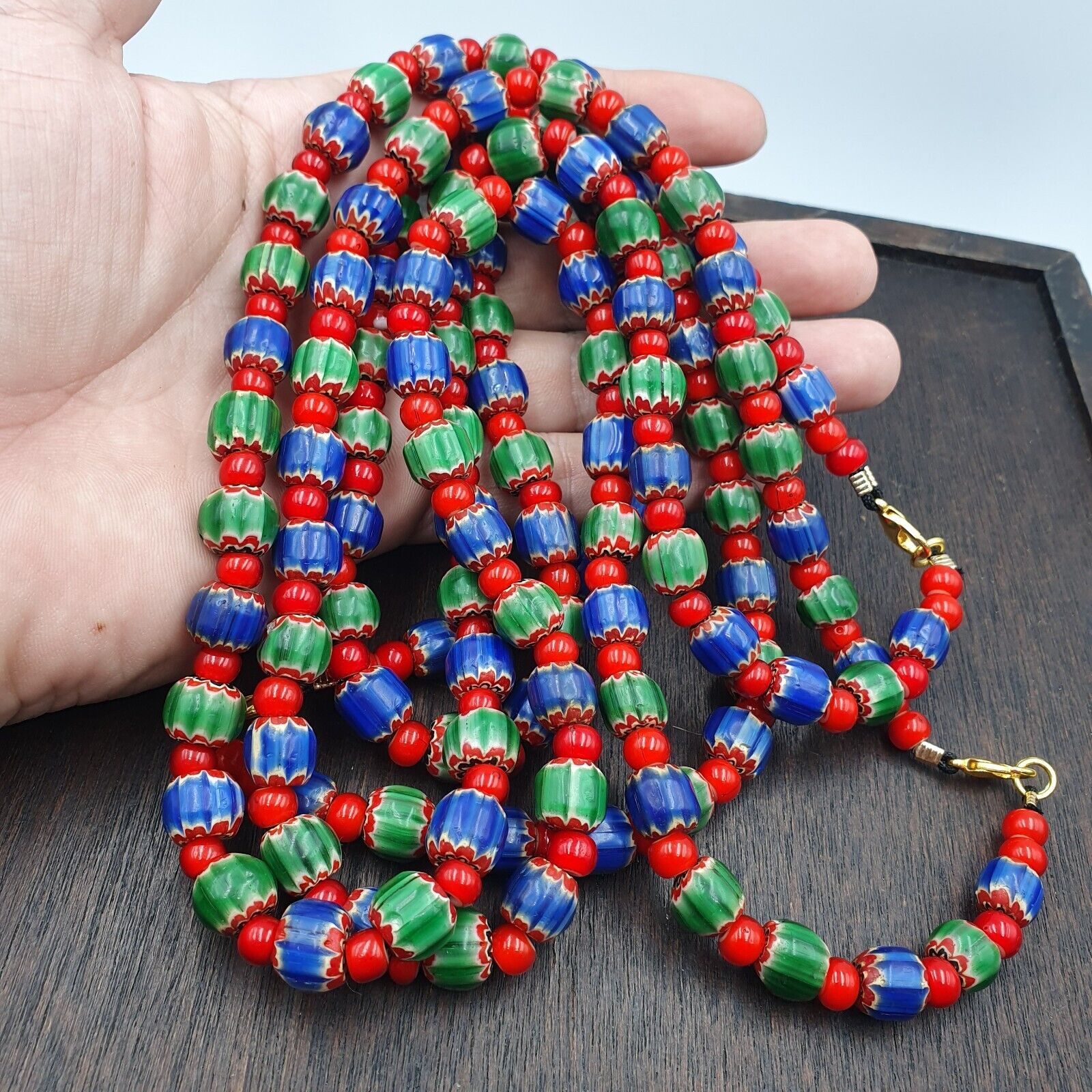 Whispers of History Vintage Venetian Style Blue and Green Chevron Beads Necklace