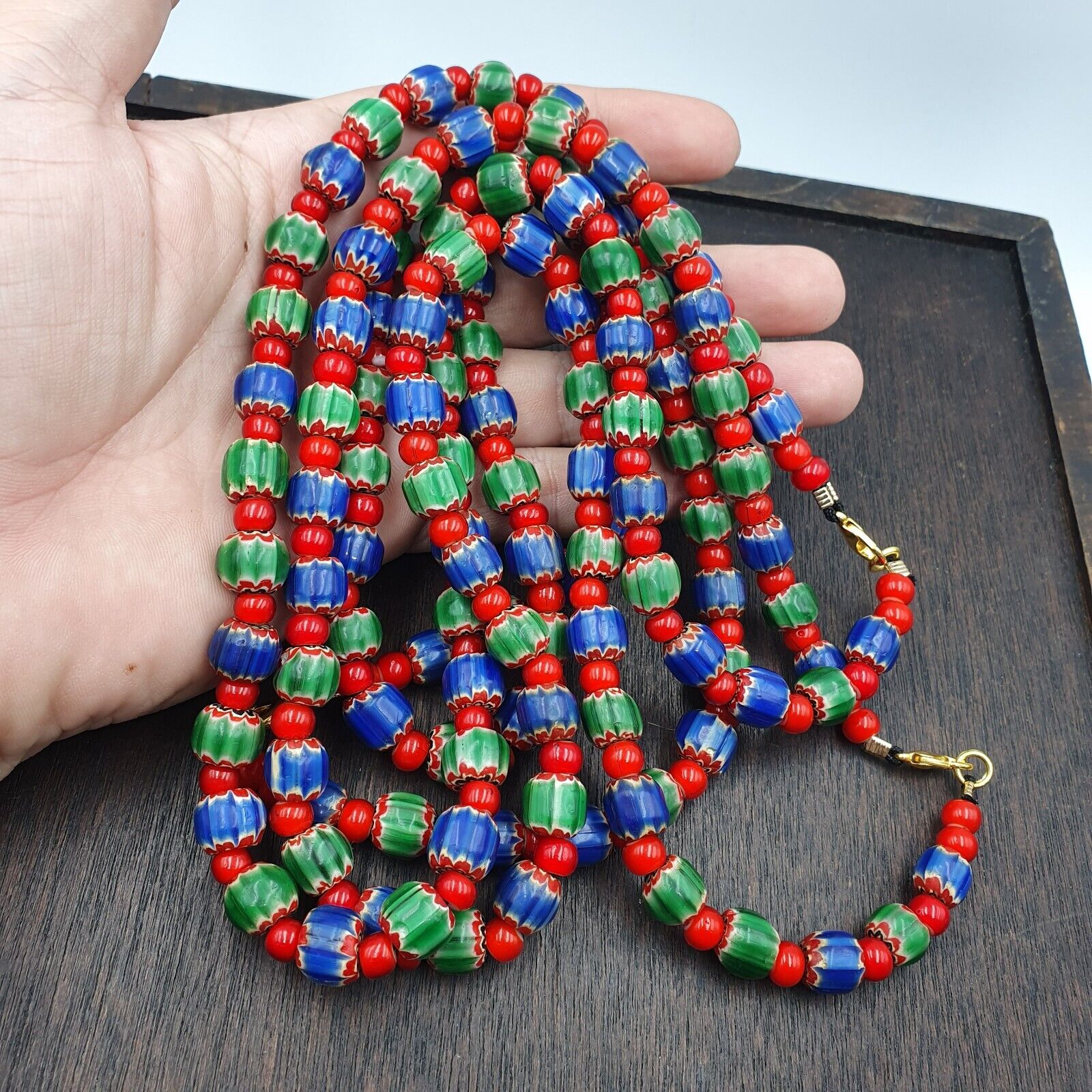 Whispers of History Vintage Venetian Style Blue and Green Chevron Beads Necklace