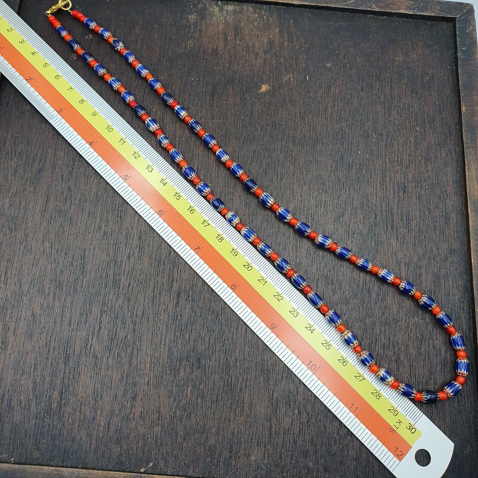 Beads of Antiquity Vintage Venetian White Heart and Blue Chevron Beads Necklace