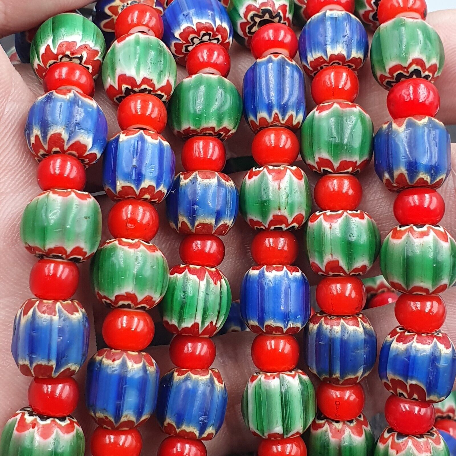 Whispers of History Vintage Venetian Style Blue and Green Chevron Beads Necklace