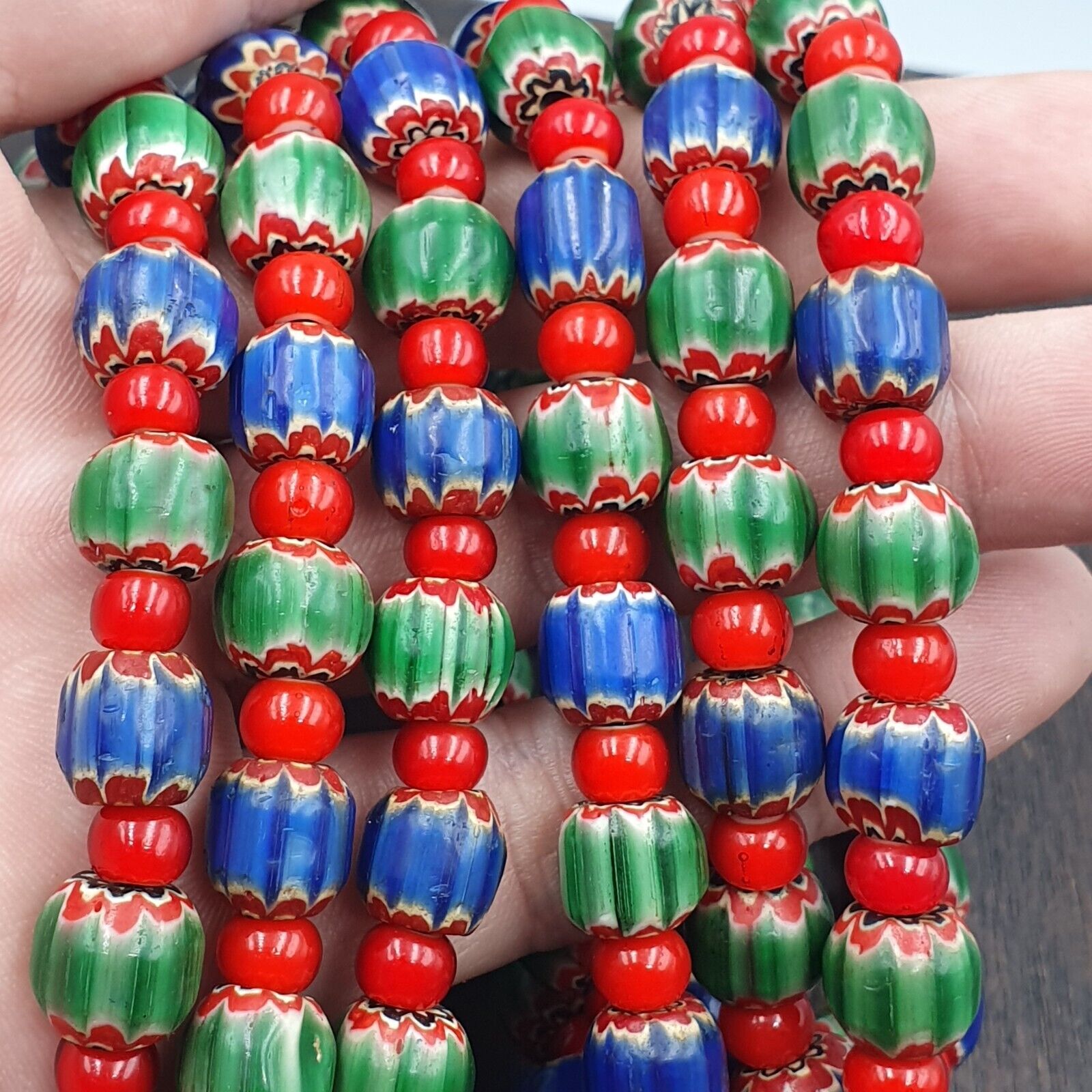 Whispers of History Vintage Venetian Style Blue and Green Chevron Beads Necklace