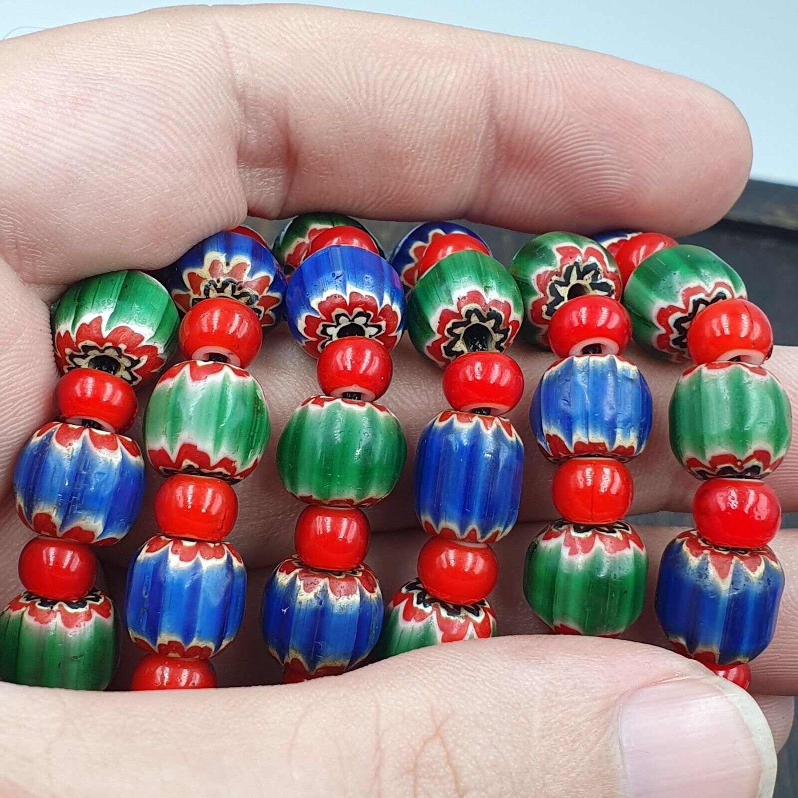 Whispers of History Vintage Venetian Style Blue and Green Chevron Beads Necklace