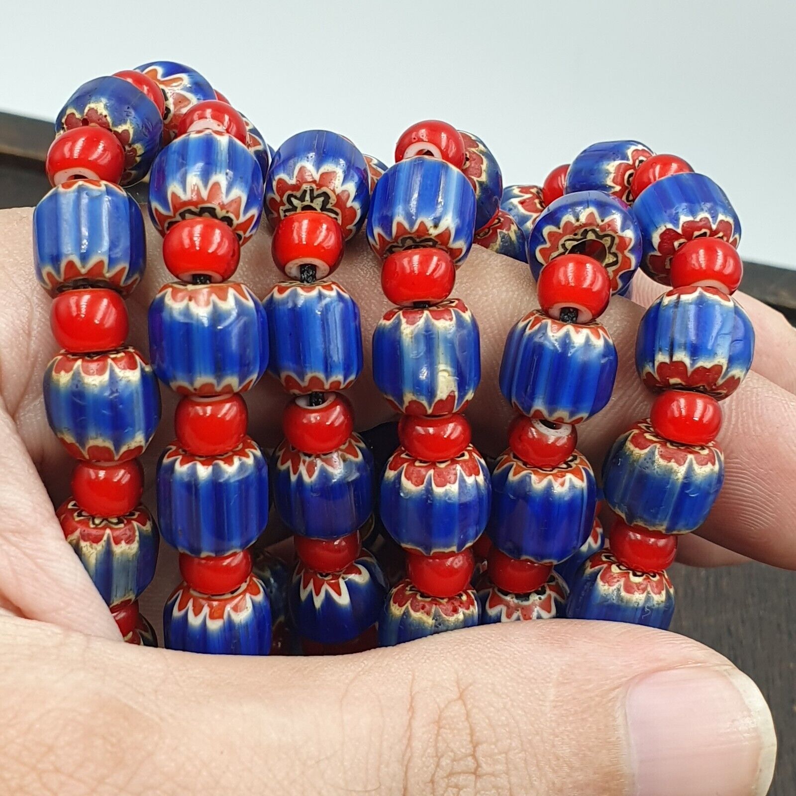 Heritage Jewels: Handcrafted Vintage Venetian Style Blue Chevron Beads Necklace