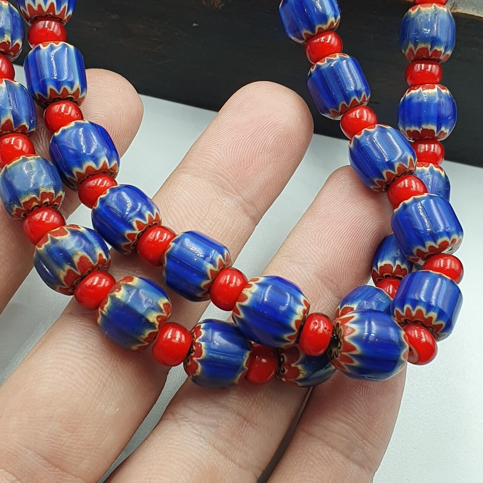 Heritage Jewels: Handcrafted Vintage Venetian Style Blue Chevron Beads Necklace