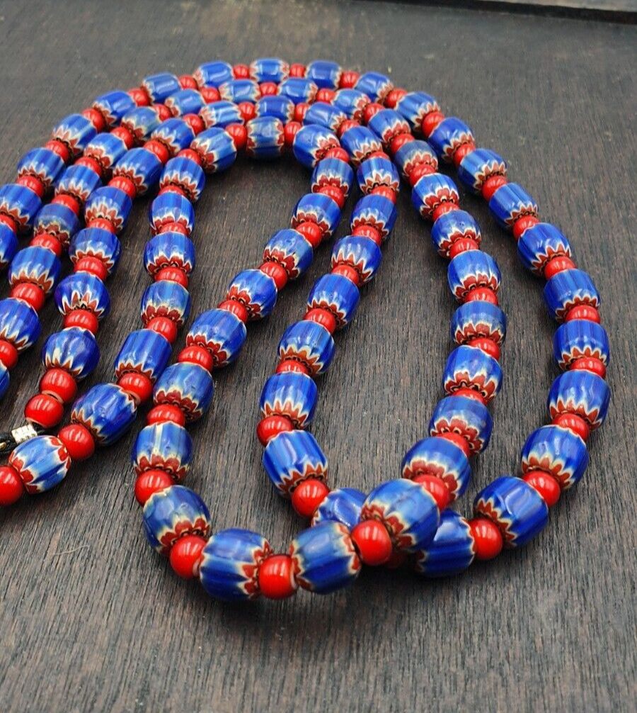 Heritage Jewels: Handcrafted Vintage Venetian Style Blue Chevron Beads Necklace