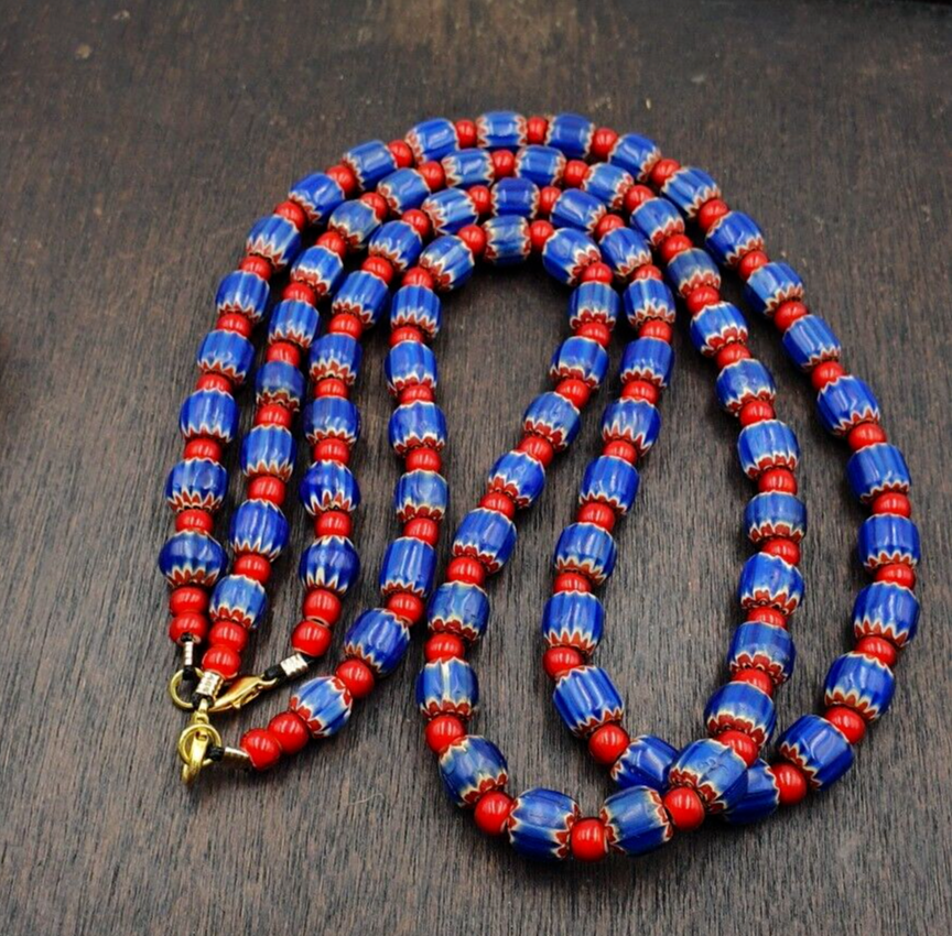 Heritage Jewels: Handcrafted Vintage Venetian Style Blue Chevron Beads Necklace