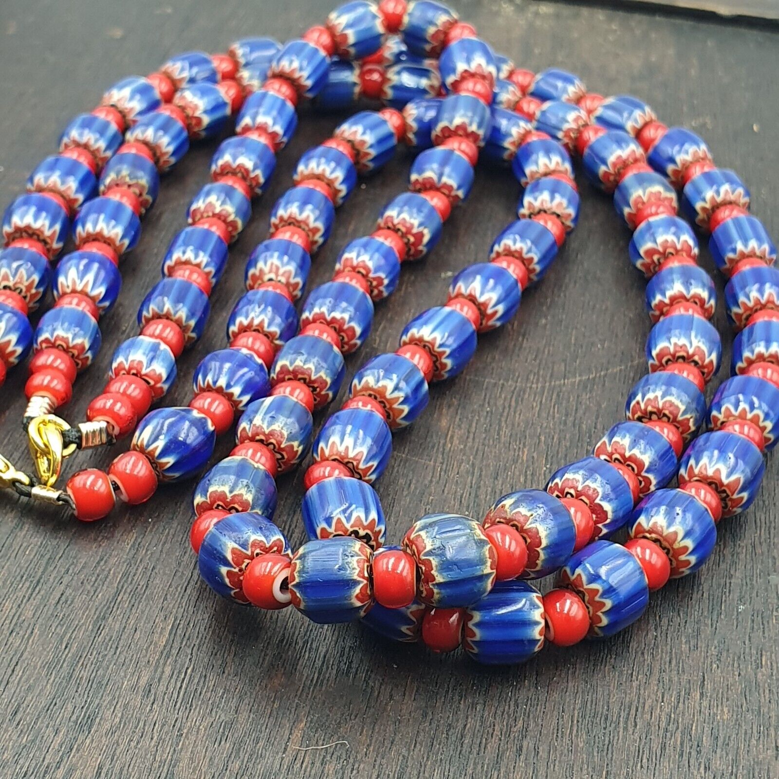 Heritage Jewels: Handcrafted Vintage Venetian Style Blue Chevron Beads Necklace