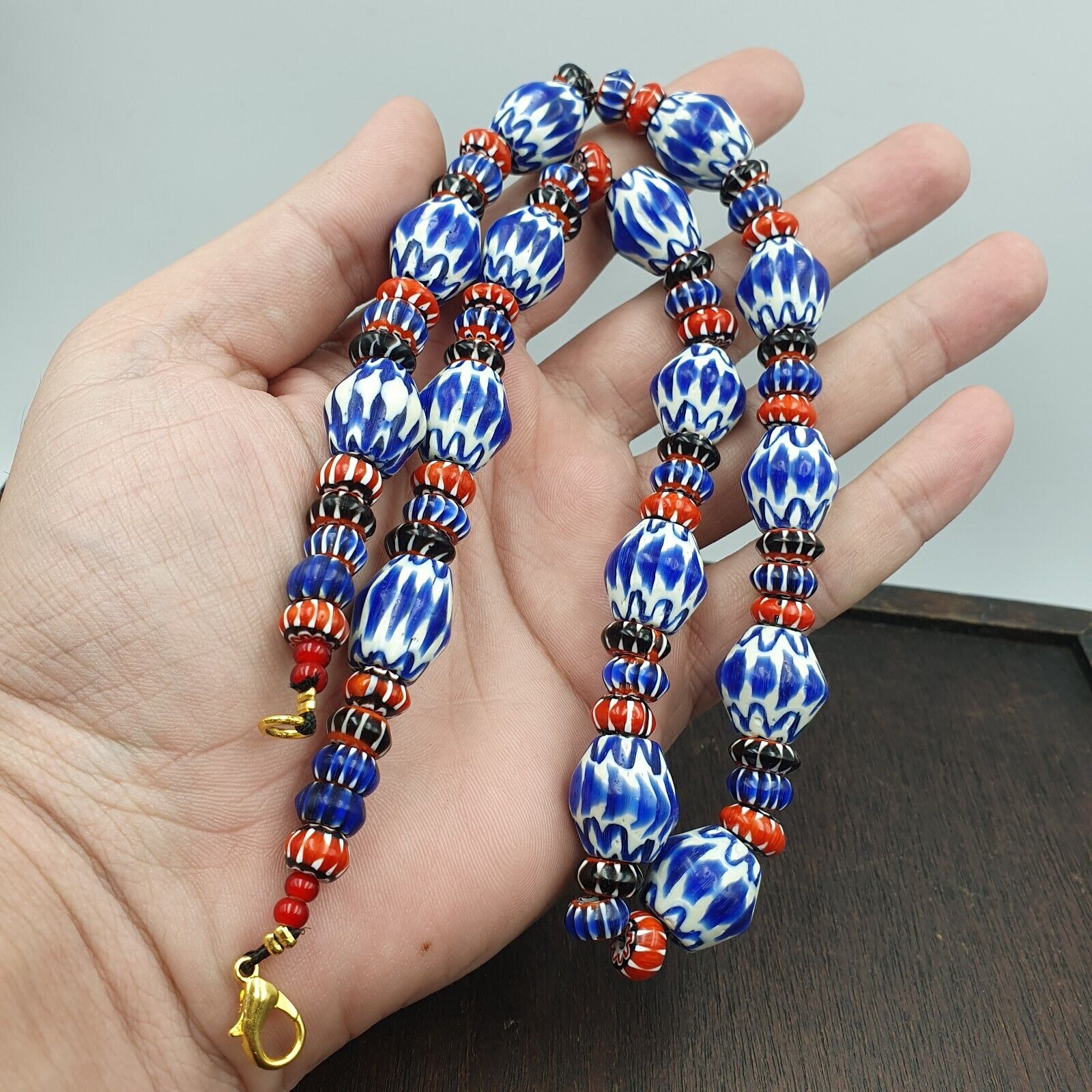 Whispers of History Vintage Venetian Style Blue Chevron Beads Necklace
