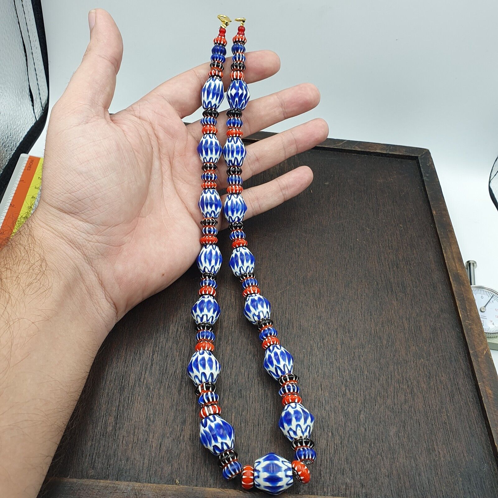 Whispers of History Vintage Venetian Style Blue Chevron Beads Necklace