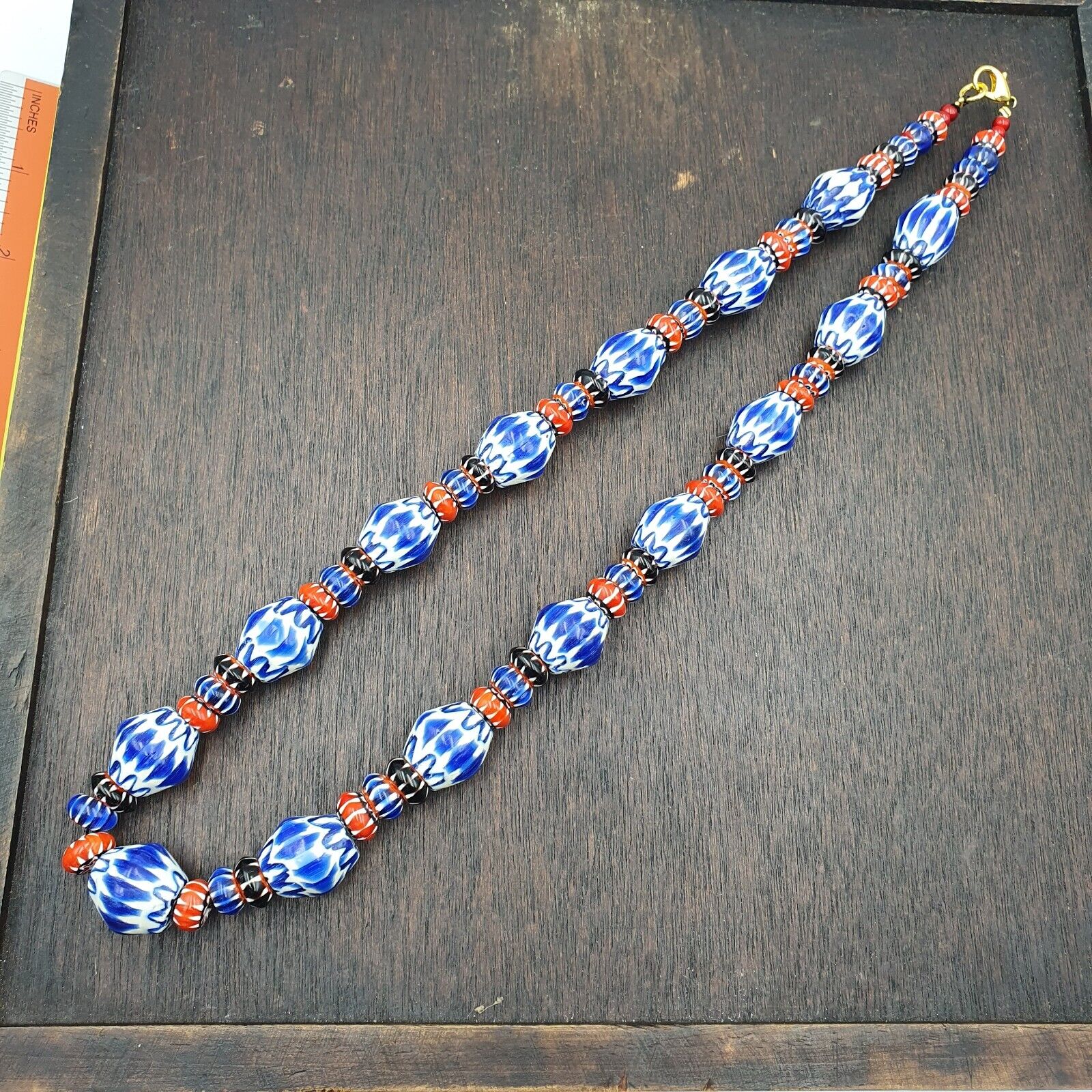 Whispers of History Vintage Venetian Style Blue Chevron Beads Necklace