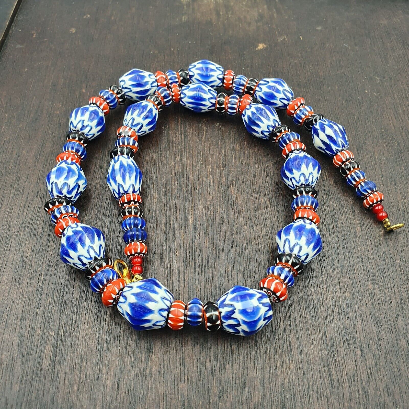 Whispers of History Vintage Venetian Style Blue Chevron Beads Necklace