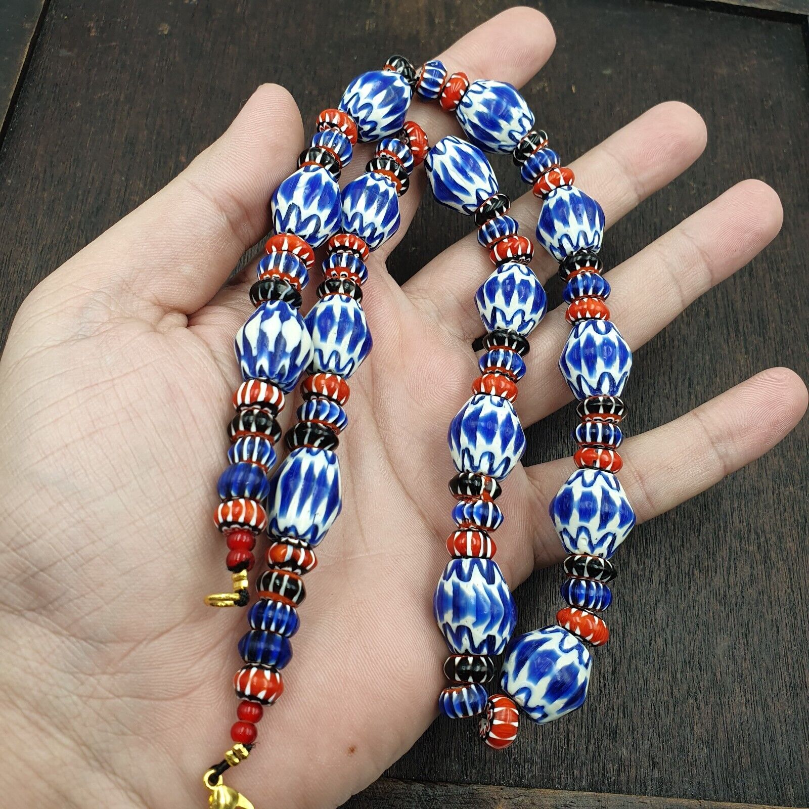 Whispers of History Vintage Venetian Style Blue Chevron Beads Necklace