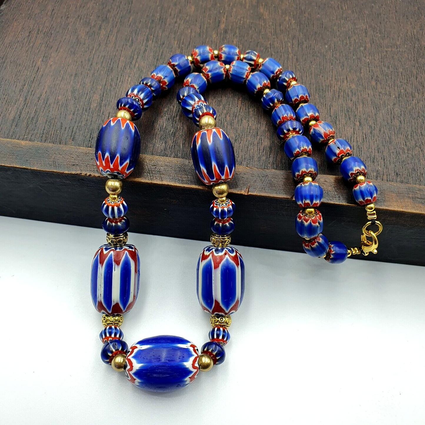 Venetian Style Trade beads Vintage Blue Chevron Beads necklace BCH-32