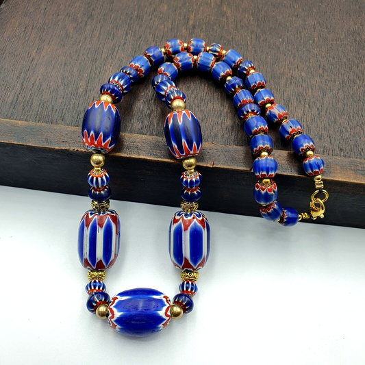 Venetian Style Trade beads Vintage Blue Chevron Beads necklace BCH-32
