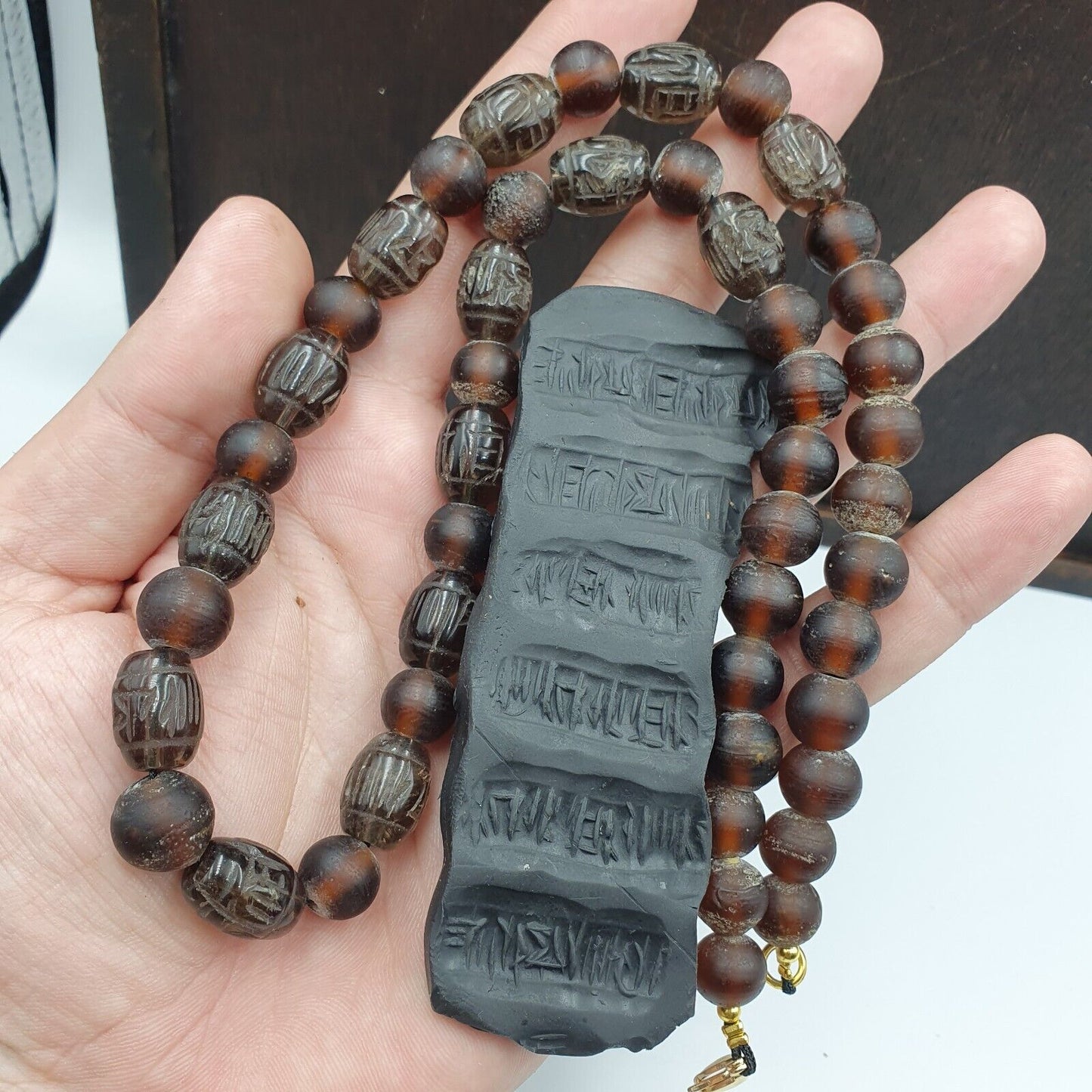TIBETAN ANTIQUE OLD Carving Smoky Quartz BEADS MALA NECKLACE SMK-3