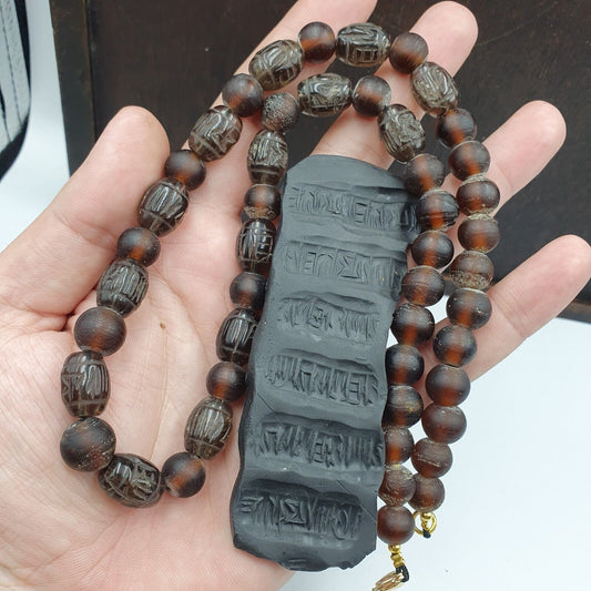 TIBETAN ANTIQUE OLD Carving Smoky Quartz BEADS MALA NECKLACE SMK-3