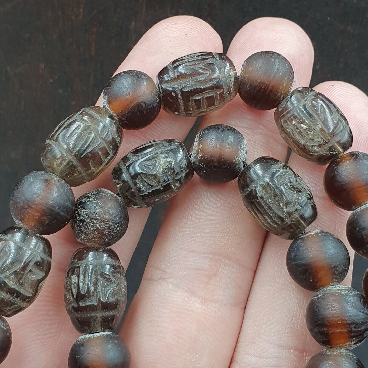 TIBETAN ANTIQUE OLD Carving Smoky Quartz BEADS MALA NECKLACE SMK-3
