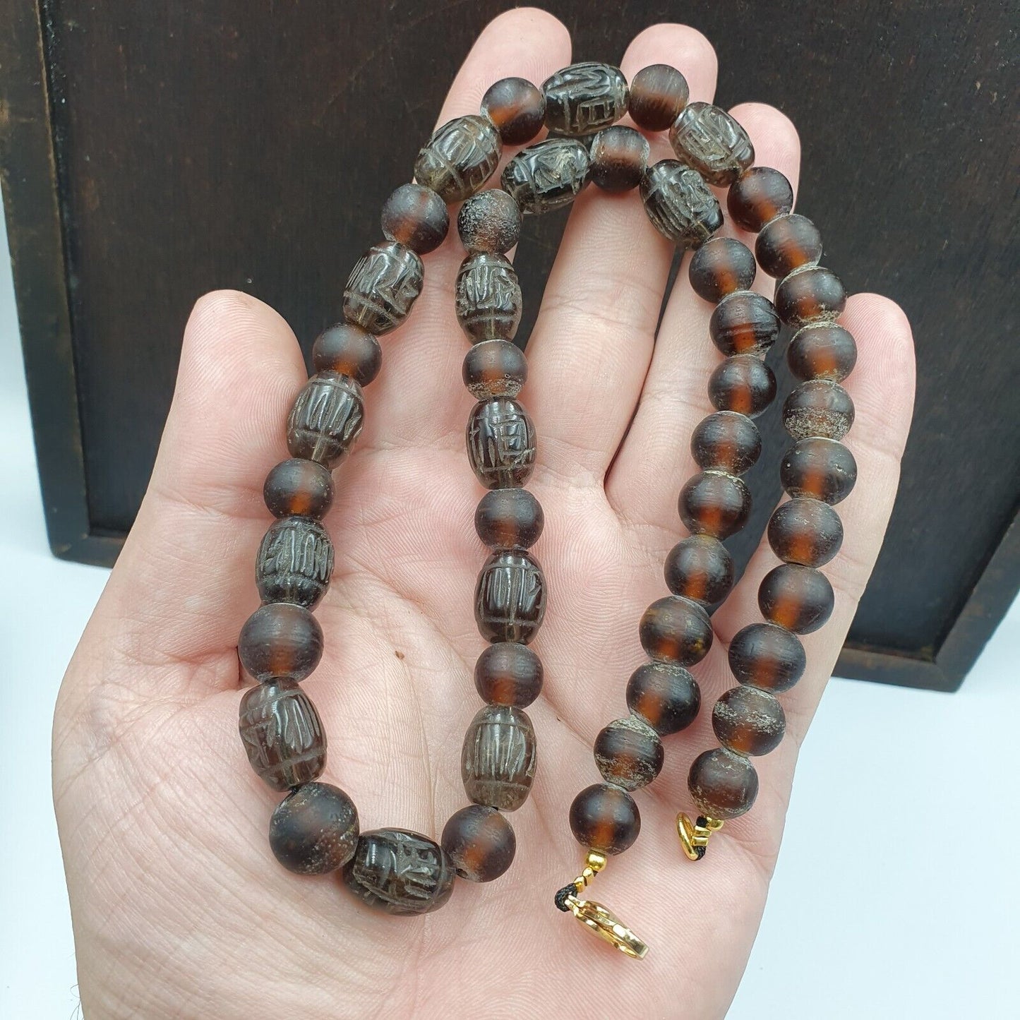 TIBETAN ANTIQUE OLD Carving Smoky Quartz BEADS MALA NECKLACE SMK-3