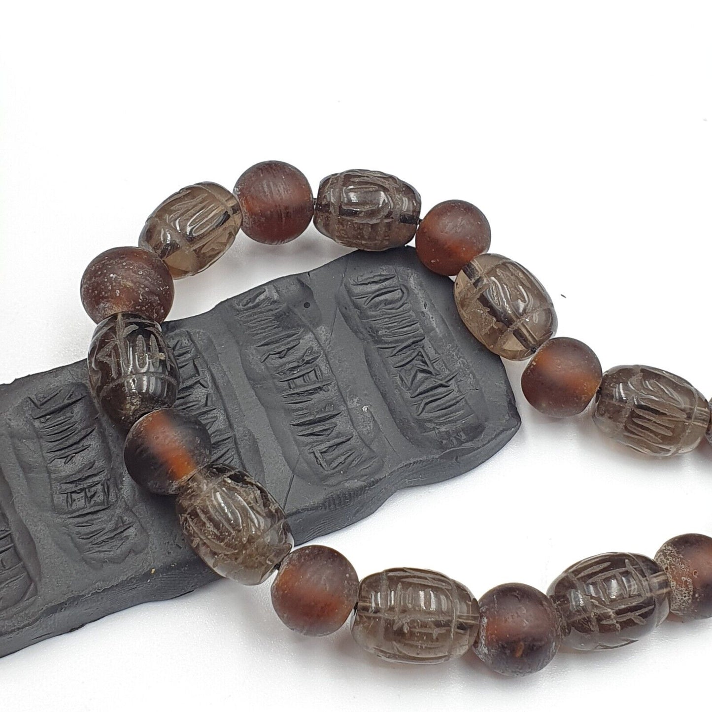 TIBETAN ANTIQUE OLD Carving Smoky Quartz BEADS MALA NECKLACE SMK-3