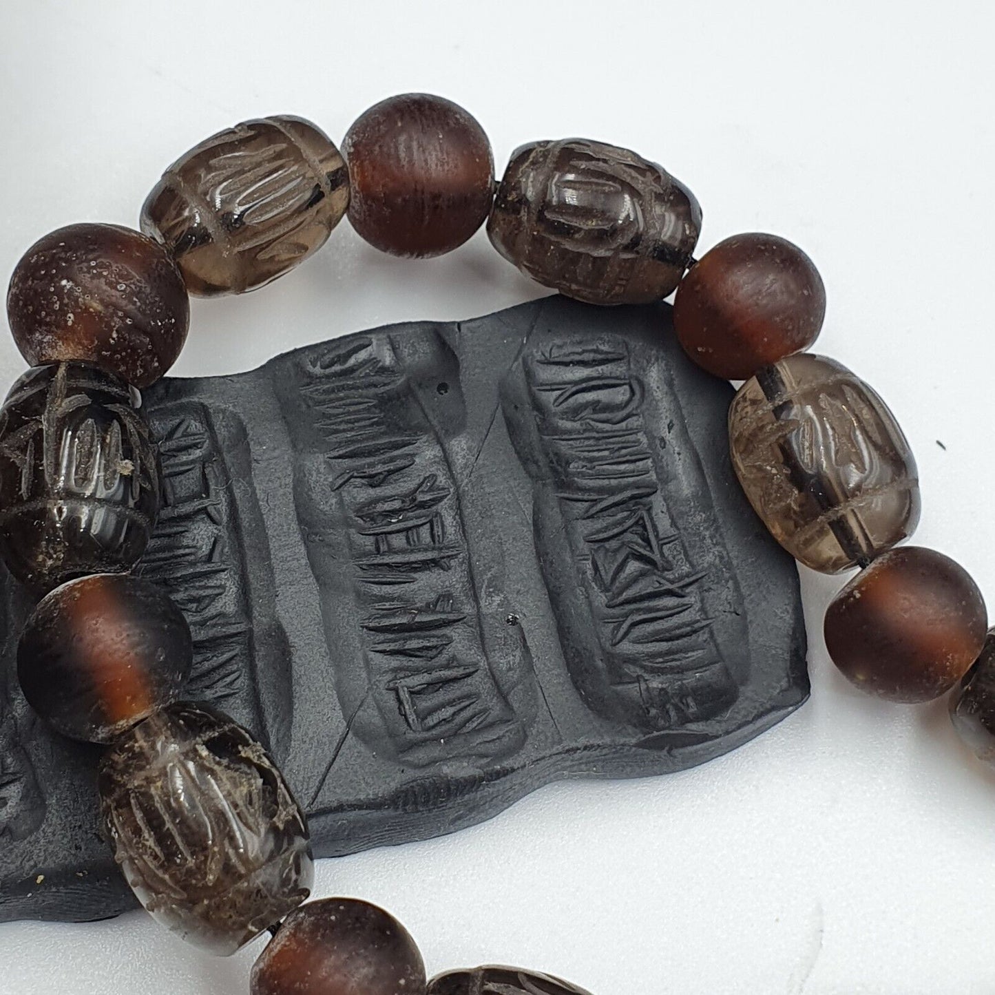 TIBETAN ANTIQUE OLD Carving Smoky Quartz BEADS MALA NECKLACE SMK-3