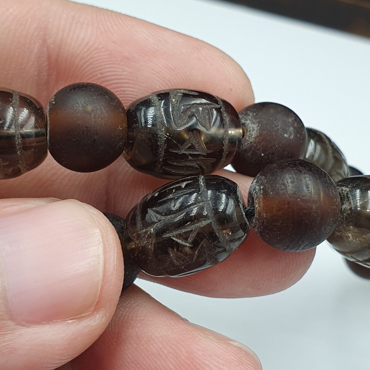TIBETAN ANTIQUE OLD Carving Smoky Quartz BEADS MALA NECKLACE SMK-3