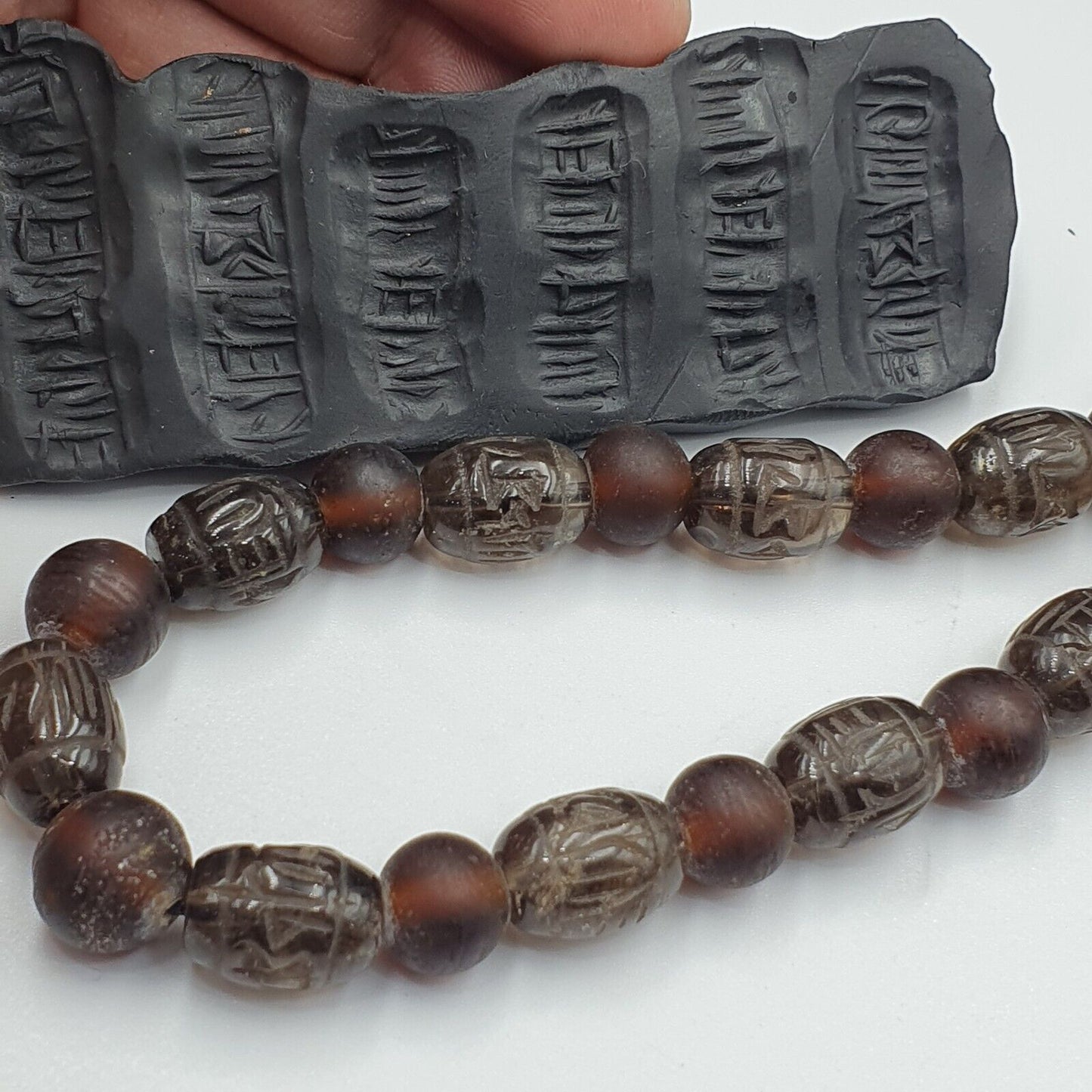 TIBETAN ANTIQUE OLD Carving Smoky Quartz BEADS MALA NECKLACE SMK-3