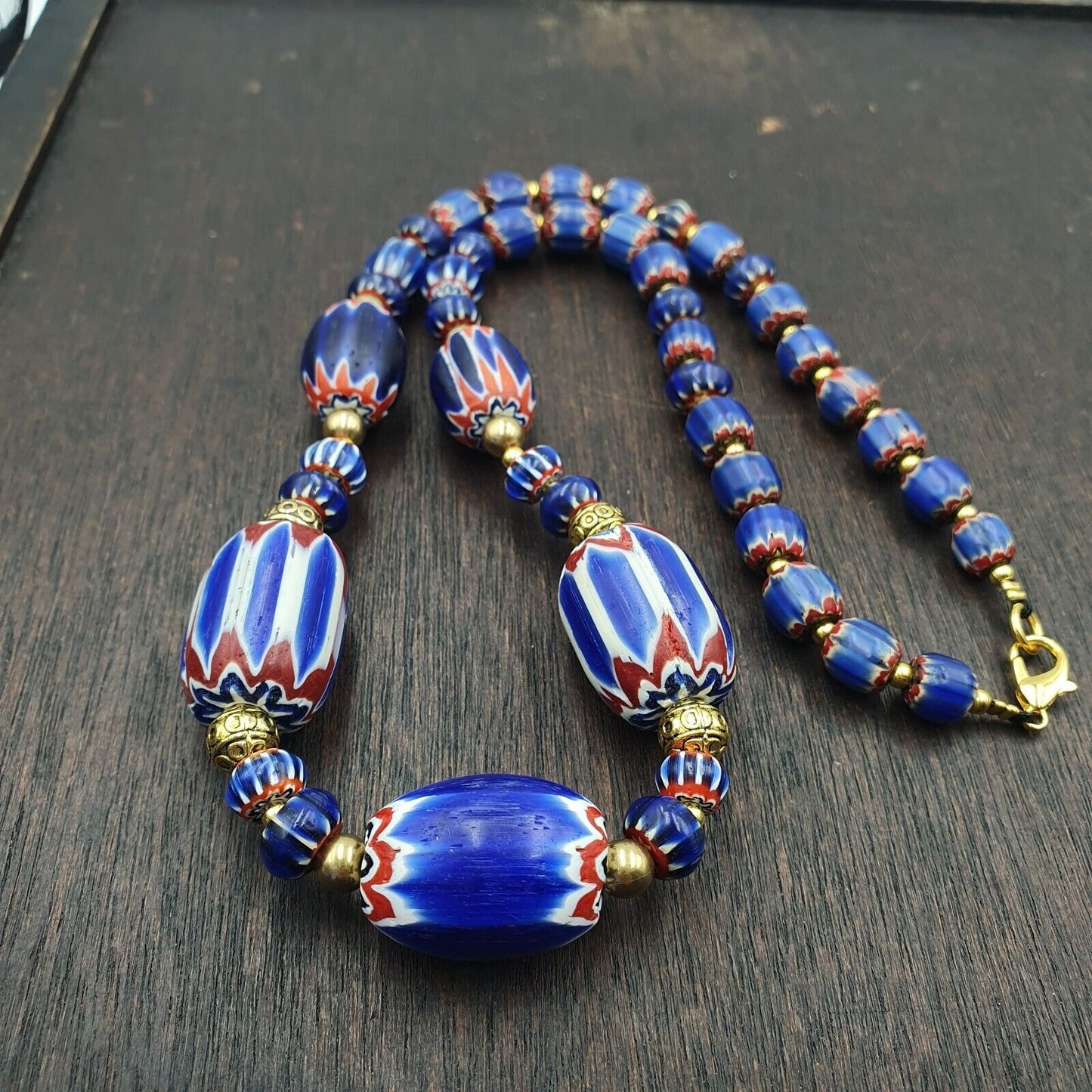 Venetian Style Trade beads Vintage Blue Chevron Beads necklace BCH-32