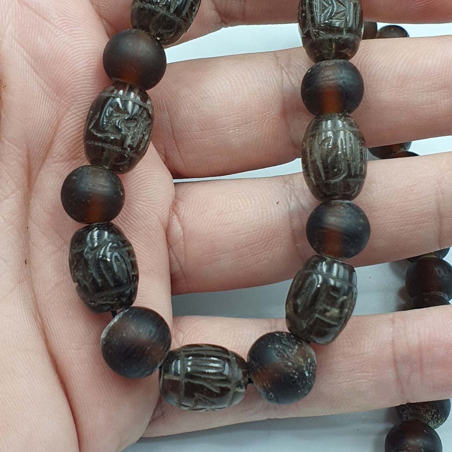 TIBETAN ANTIQUE OLD Carving Smoky Quartz BEADS MALA NECKLACE SMK-3