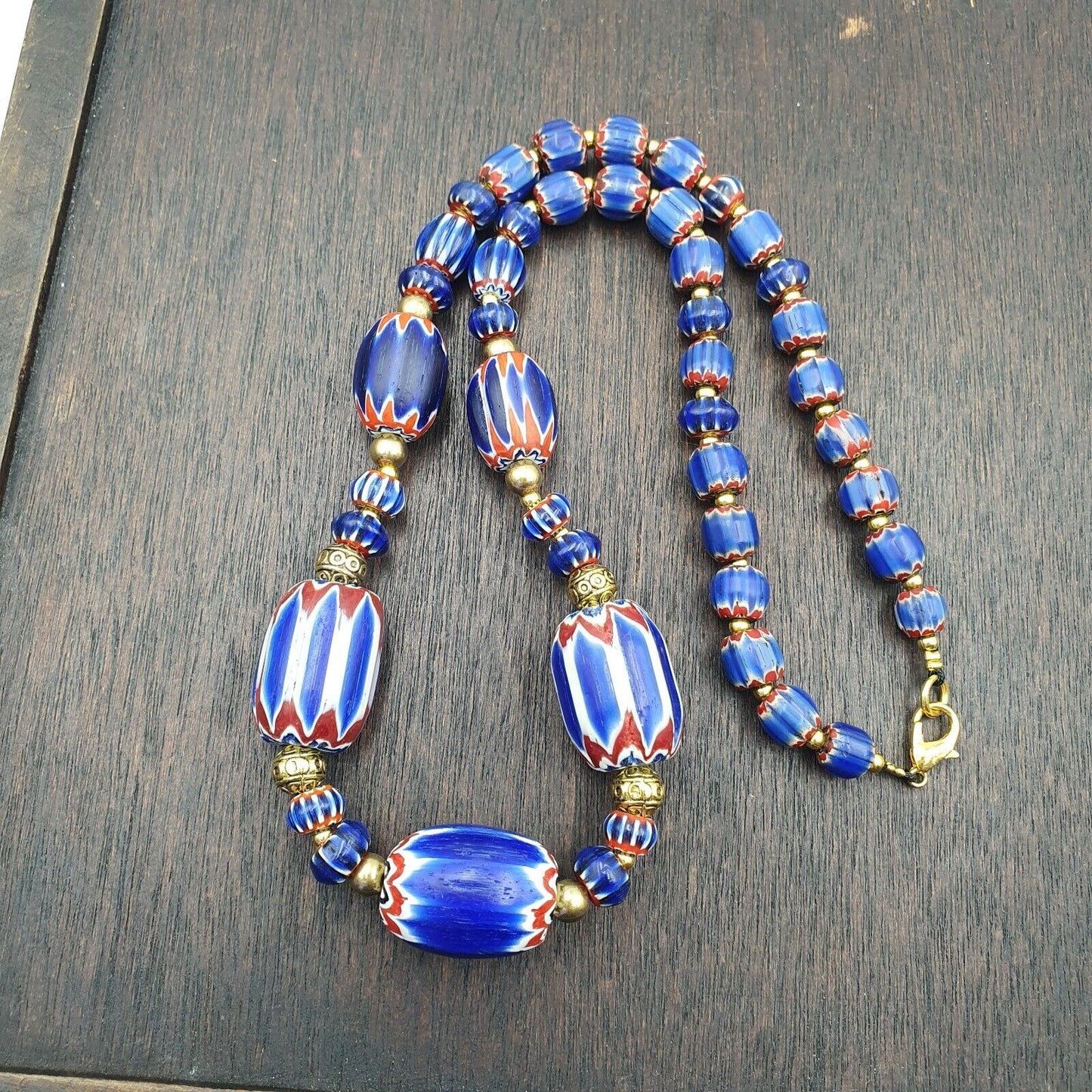 Venetian Style Trade beads Vintage Blue Chevron Beads necklace BCH-32
